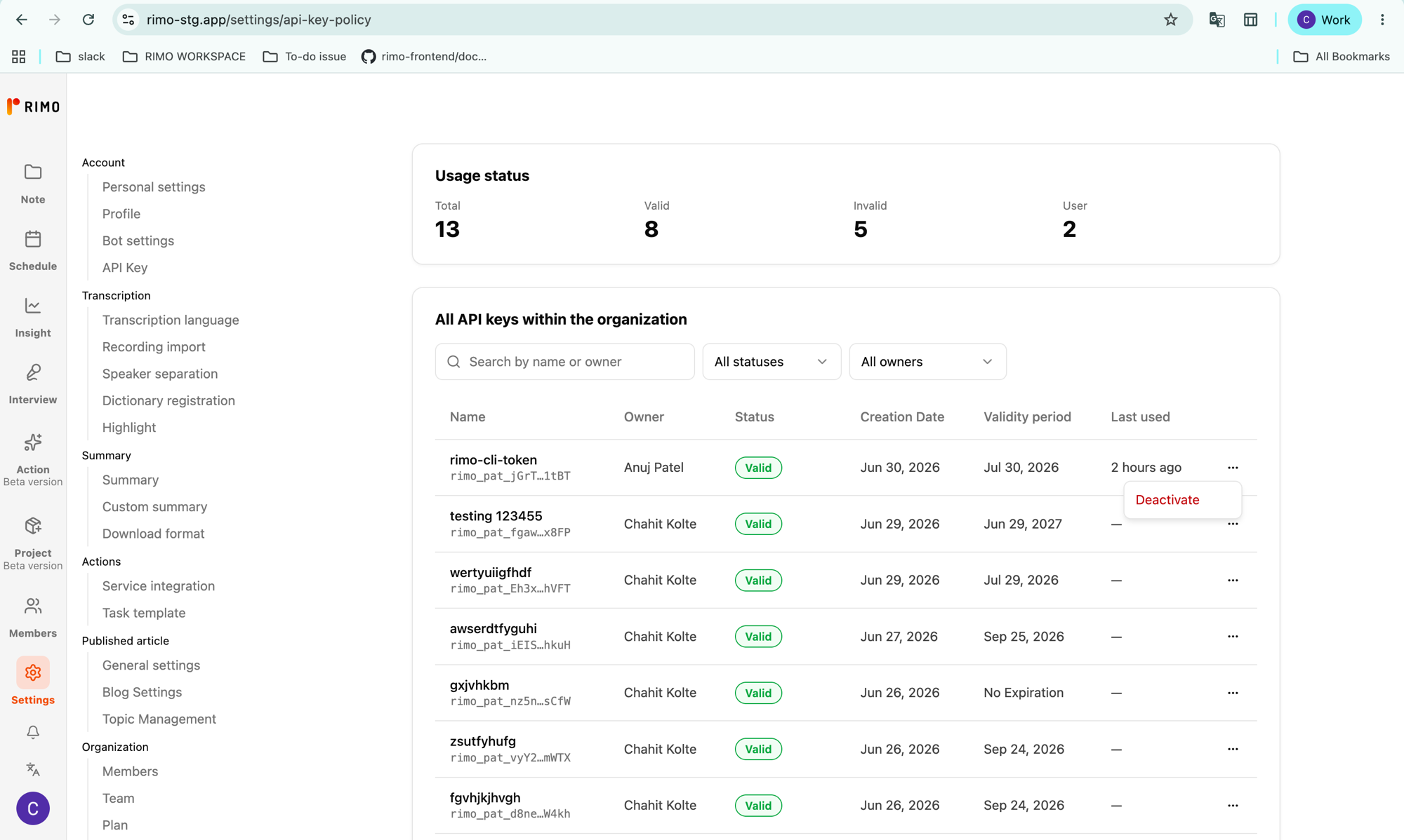 The row menu open, showing the Deactivate action