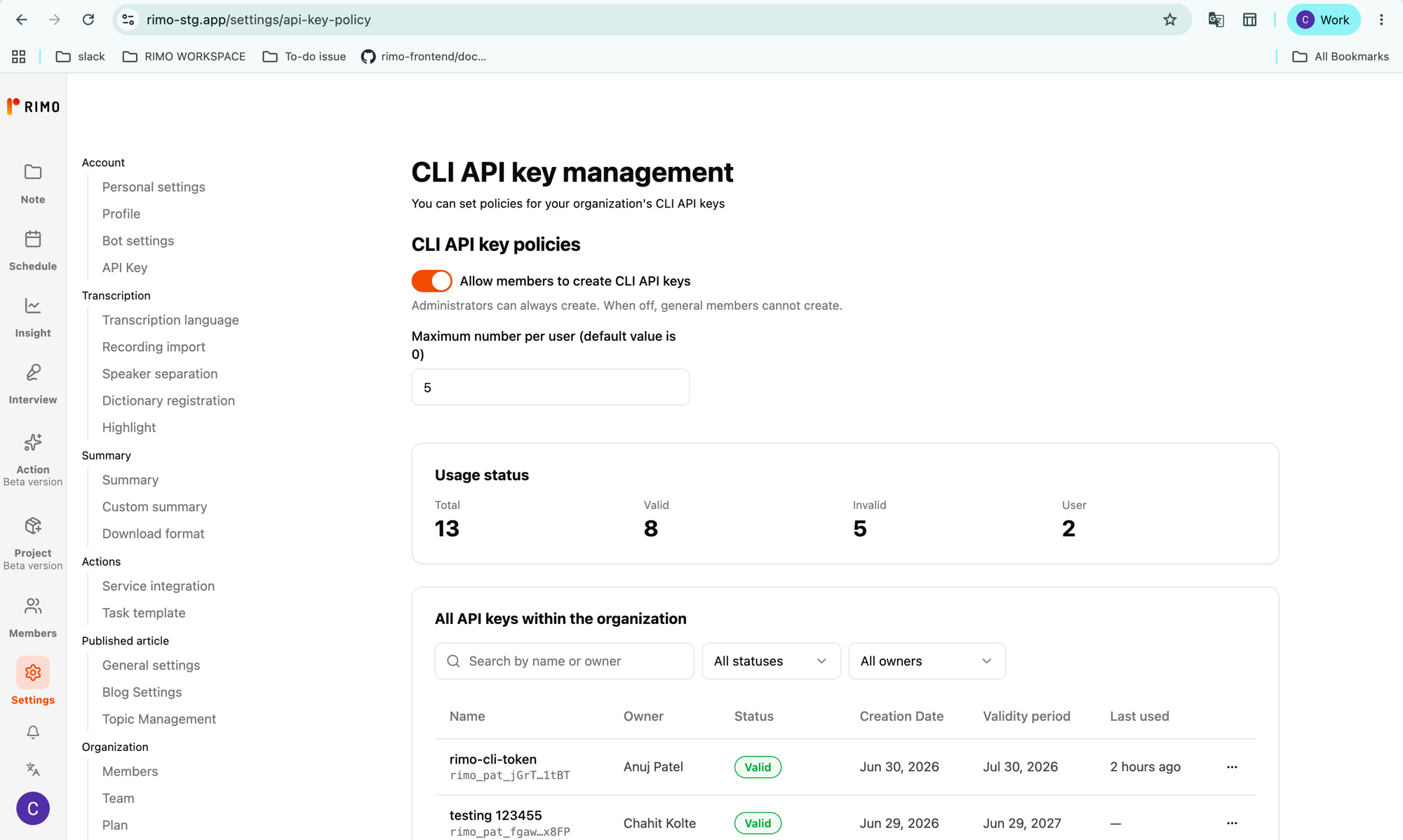 The CLI API key management page: the allow-members toggle, the per-user limit, and usage totals
