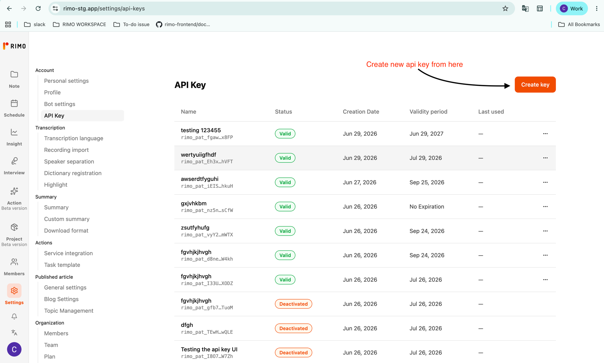 The API Key page, with the Create key button at the top right and the list of existing keys