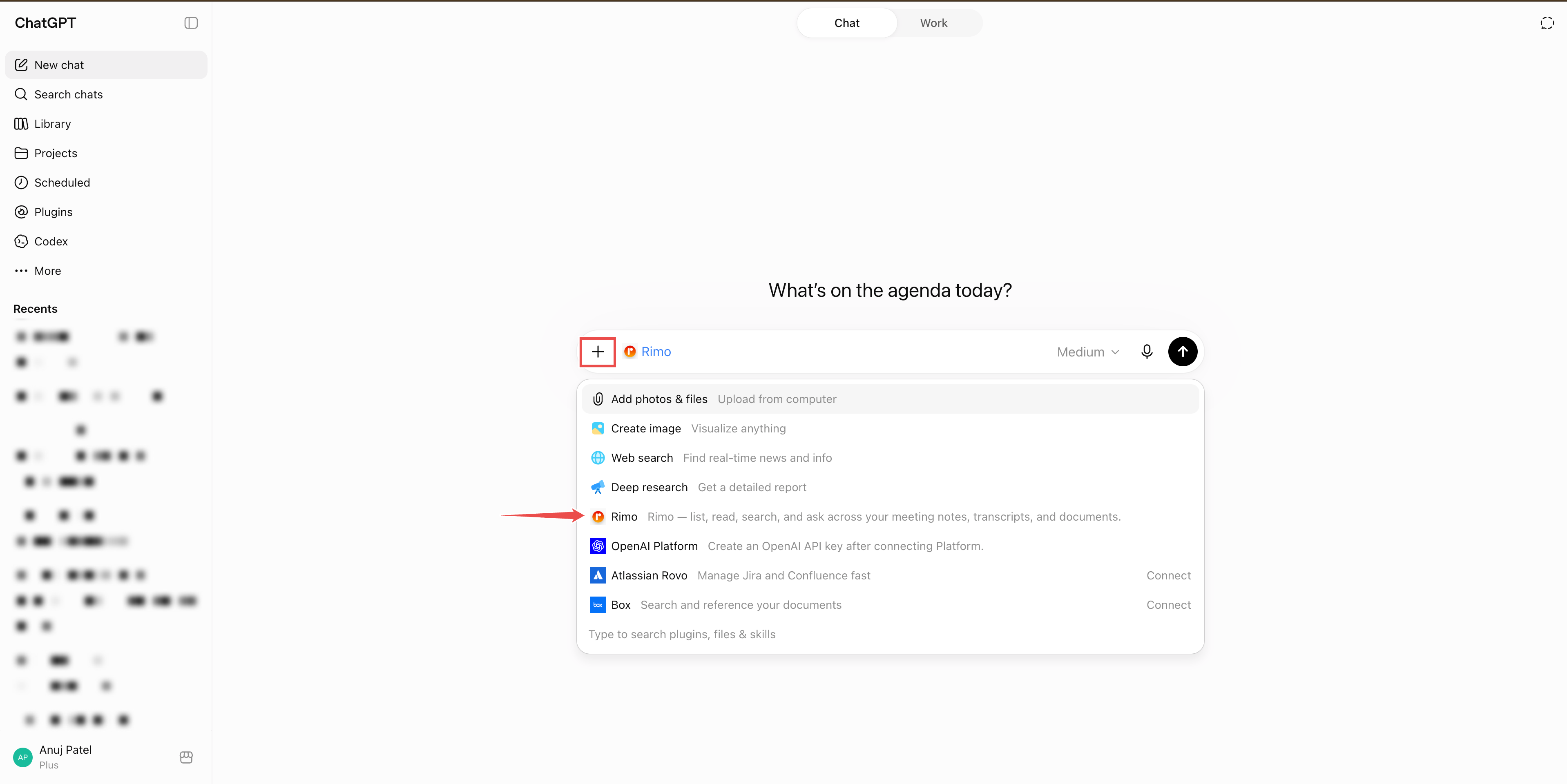 The chat composer + menu open with Rimo in the list