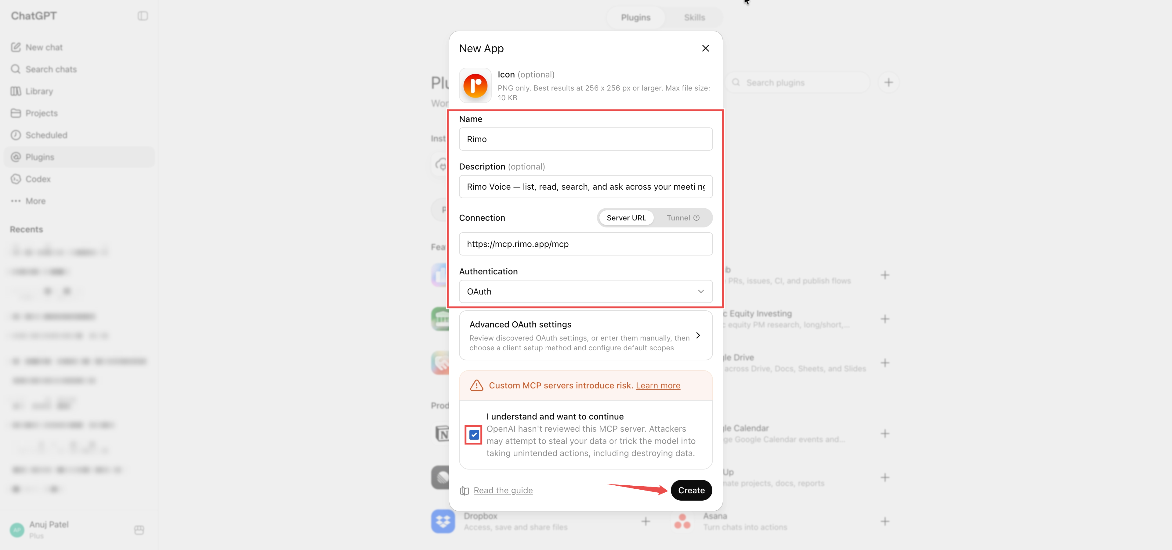 The New App dialog with Name, Description, Connection set to Server URL, Authentication set to OAuth, and the Create button