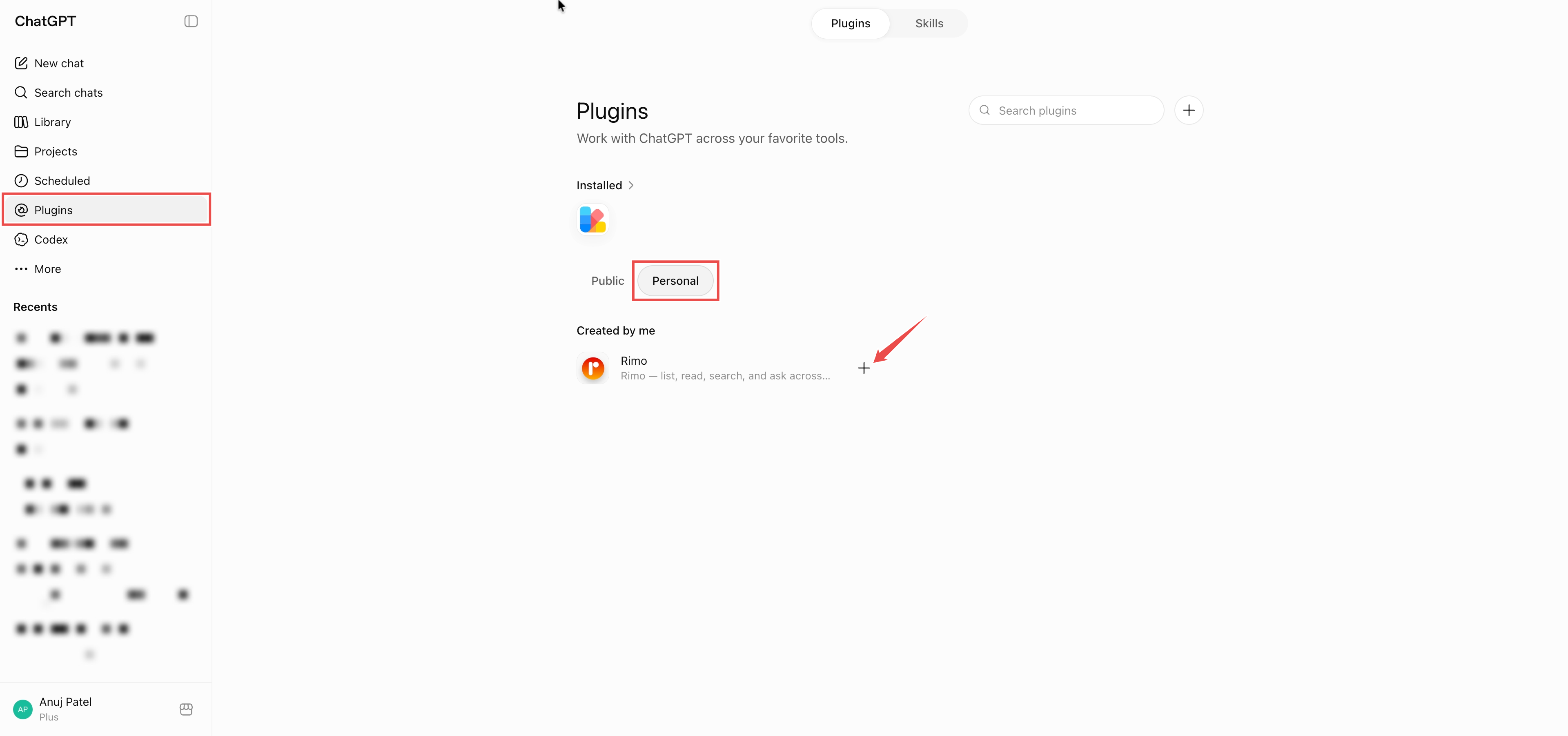 The Plugins Personal tab showing Rimo under Created by me with its + button
