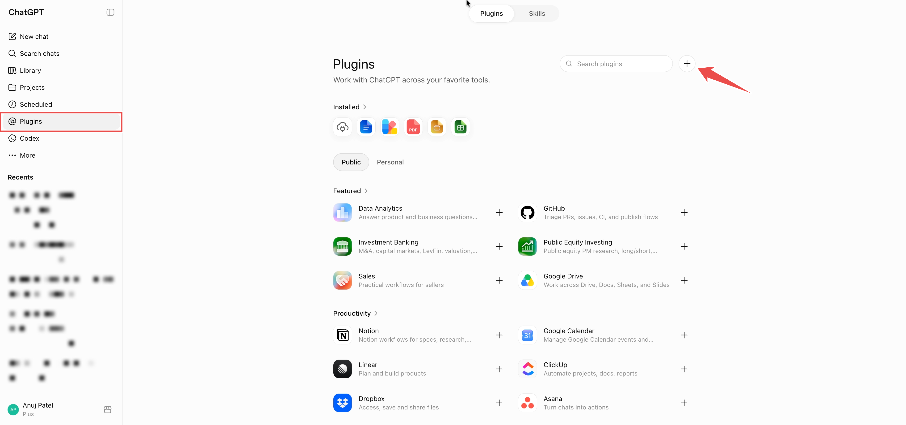 The Plugins page with the + button at the top right highlighted