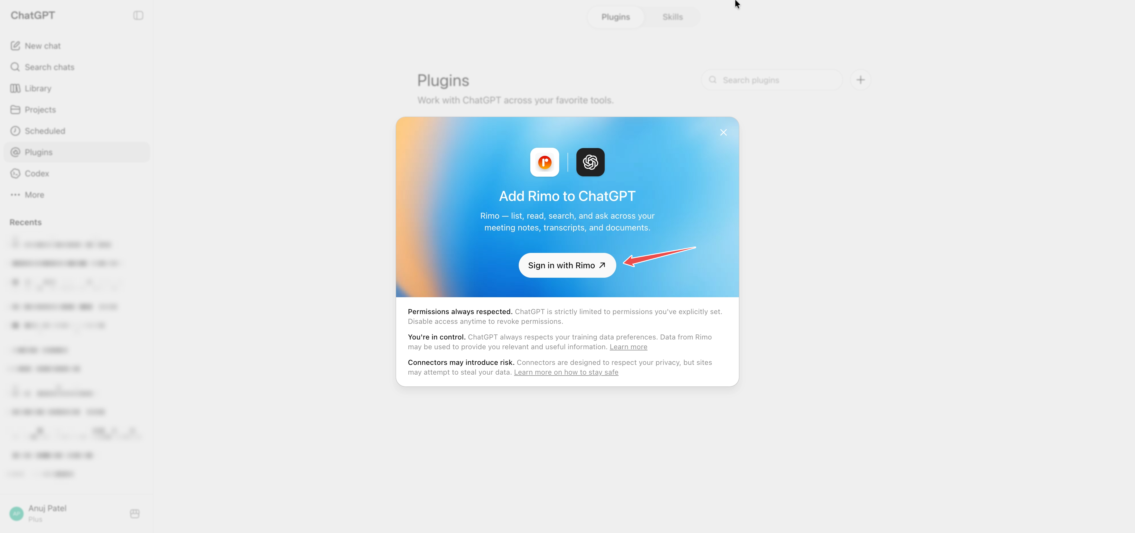 The Add Rimo to ChatGPT screen with the Sign in with Rimo button