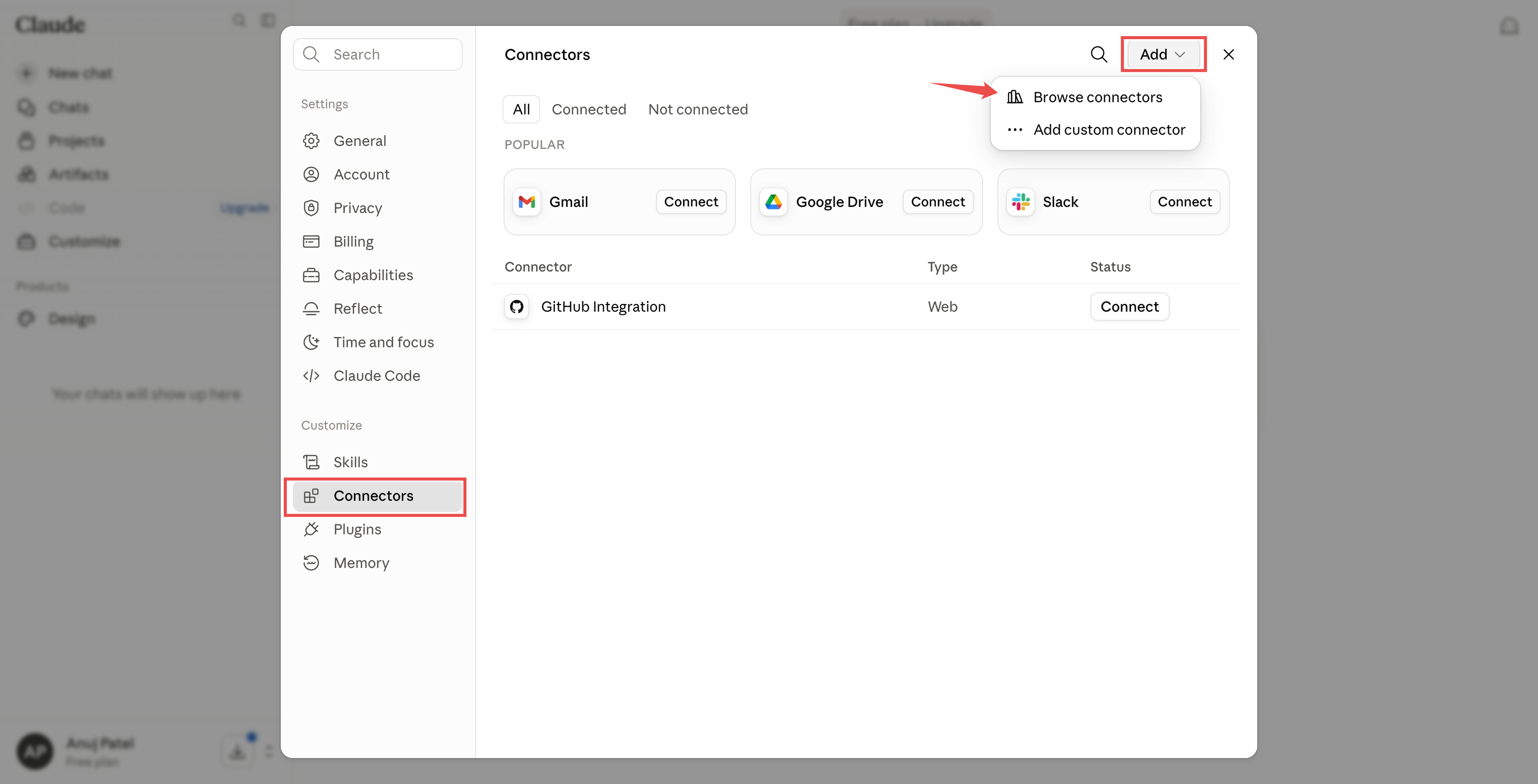 The Connectors page with the Add menu open and Browse connectors marked