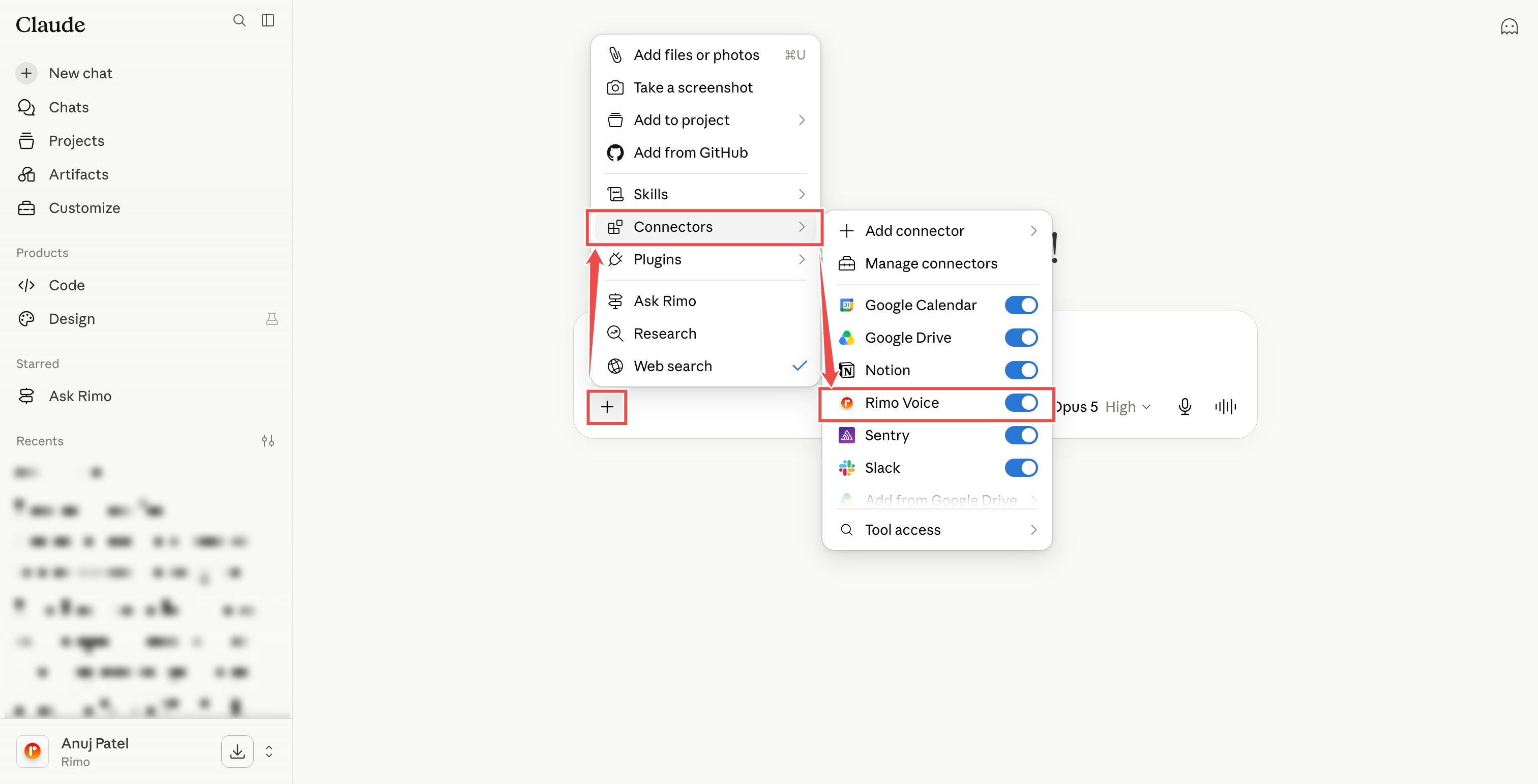 The chat + menu open with the Connectors submenu expanded and the Rimo Voice connector switched on