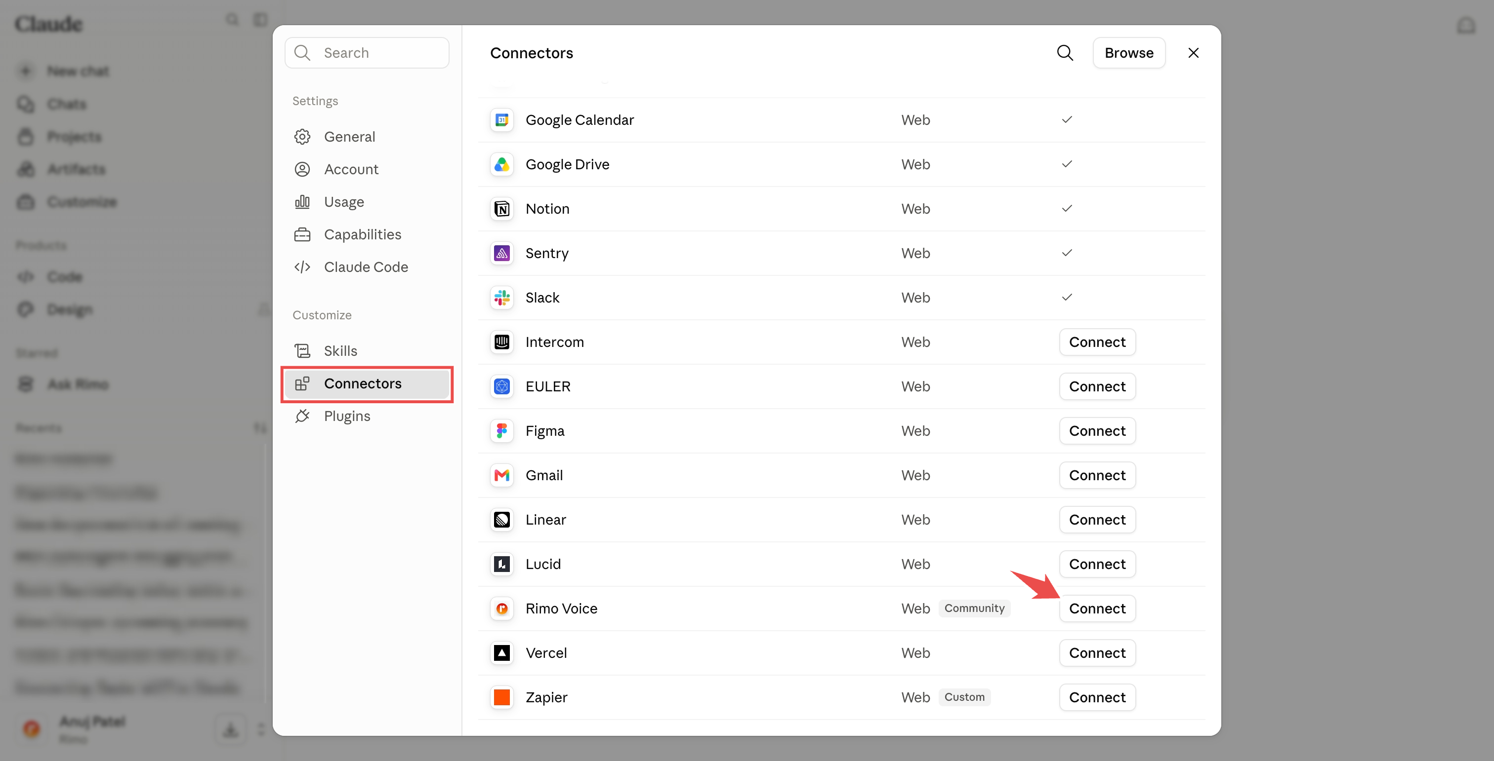 The Connectors list with the Rimo Voice row and its Connect button highlighted