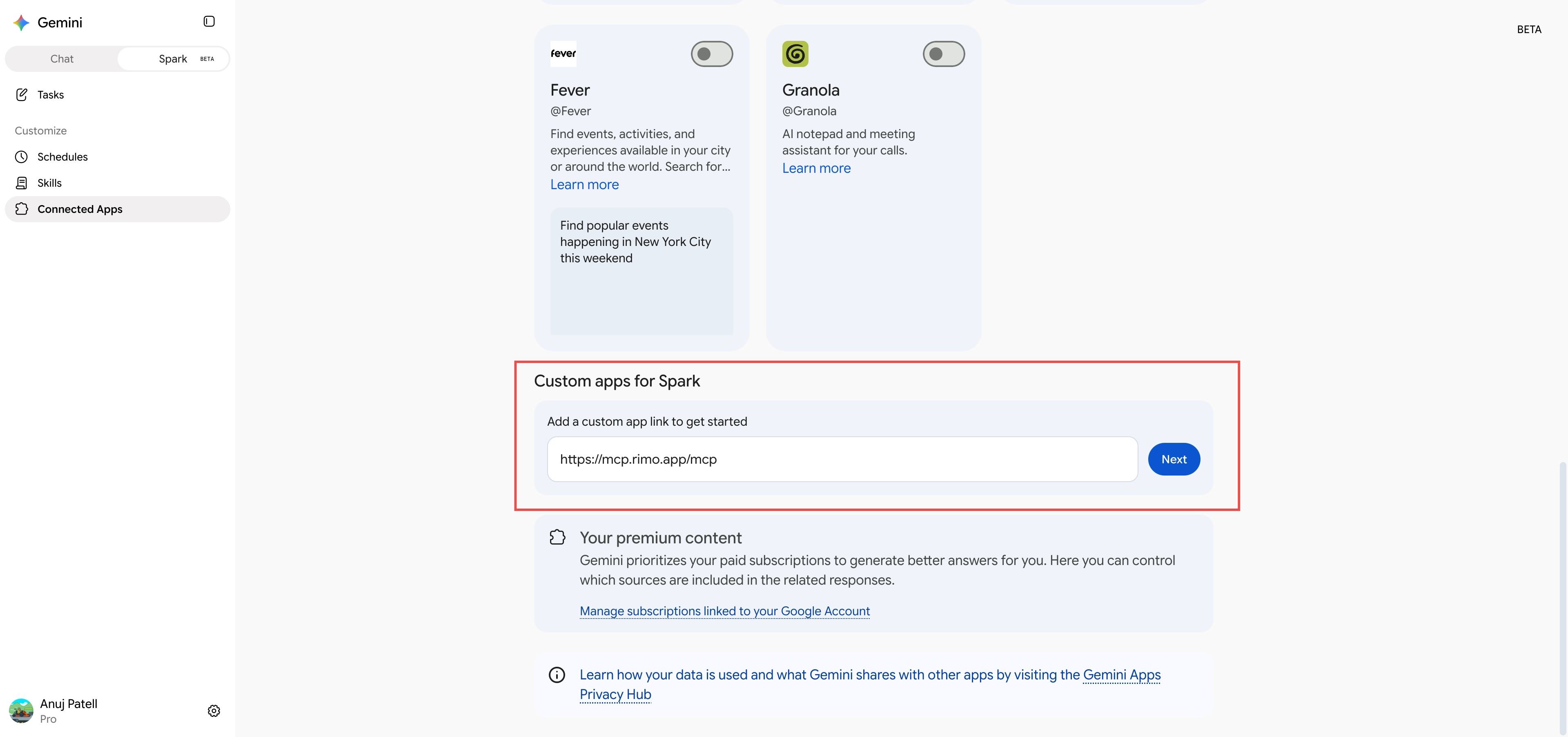 The Custom apps for Spark section with the Rimo MCP server URL pasted in and the Next button