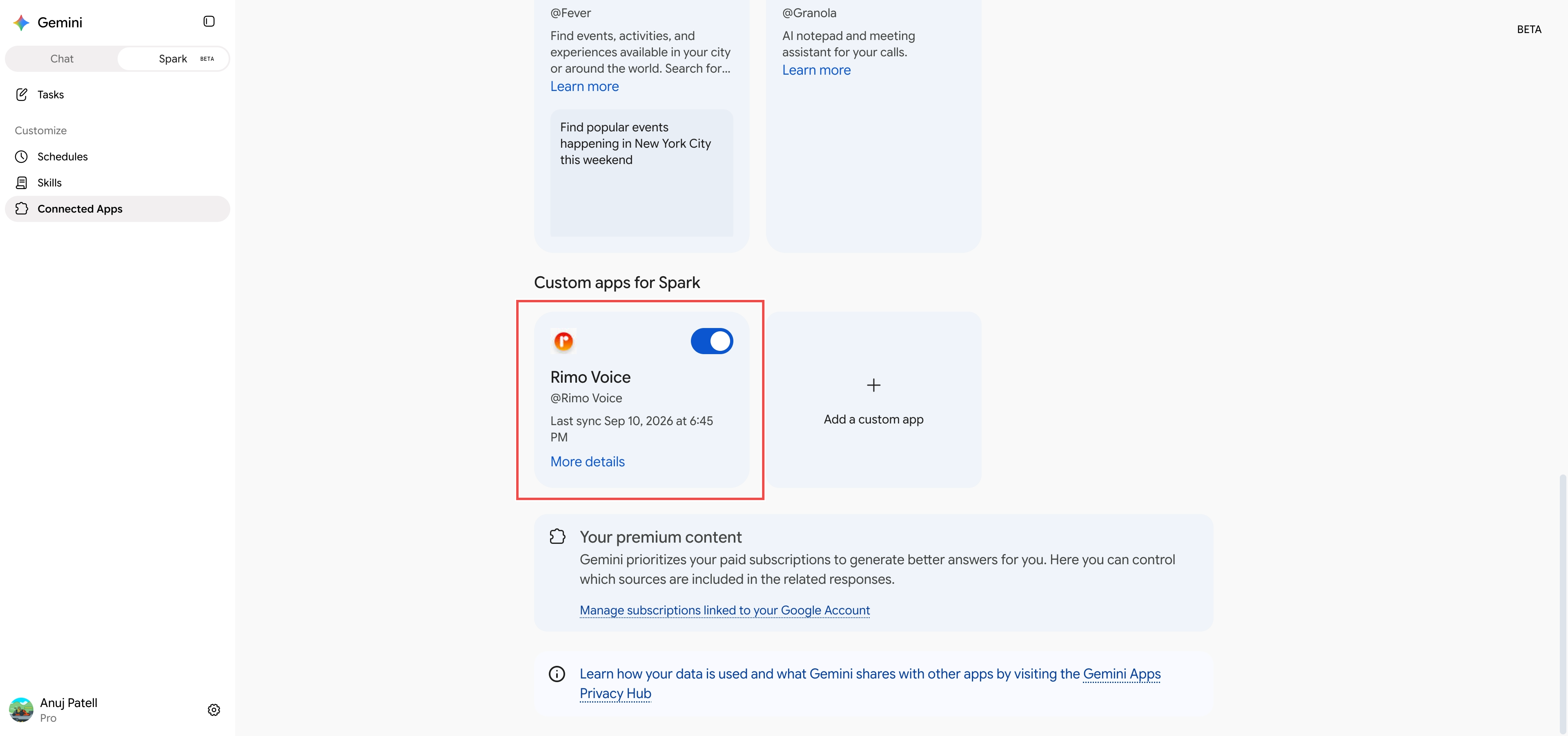 The Rimo Voice card under Custom apps for Spark, toggle on, showing @Rimo Voice, the last sync time, and More details