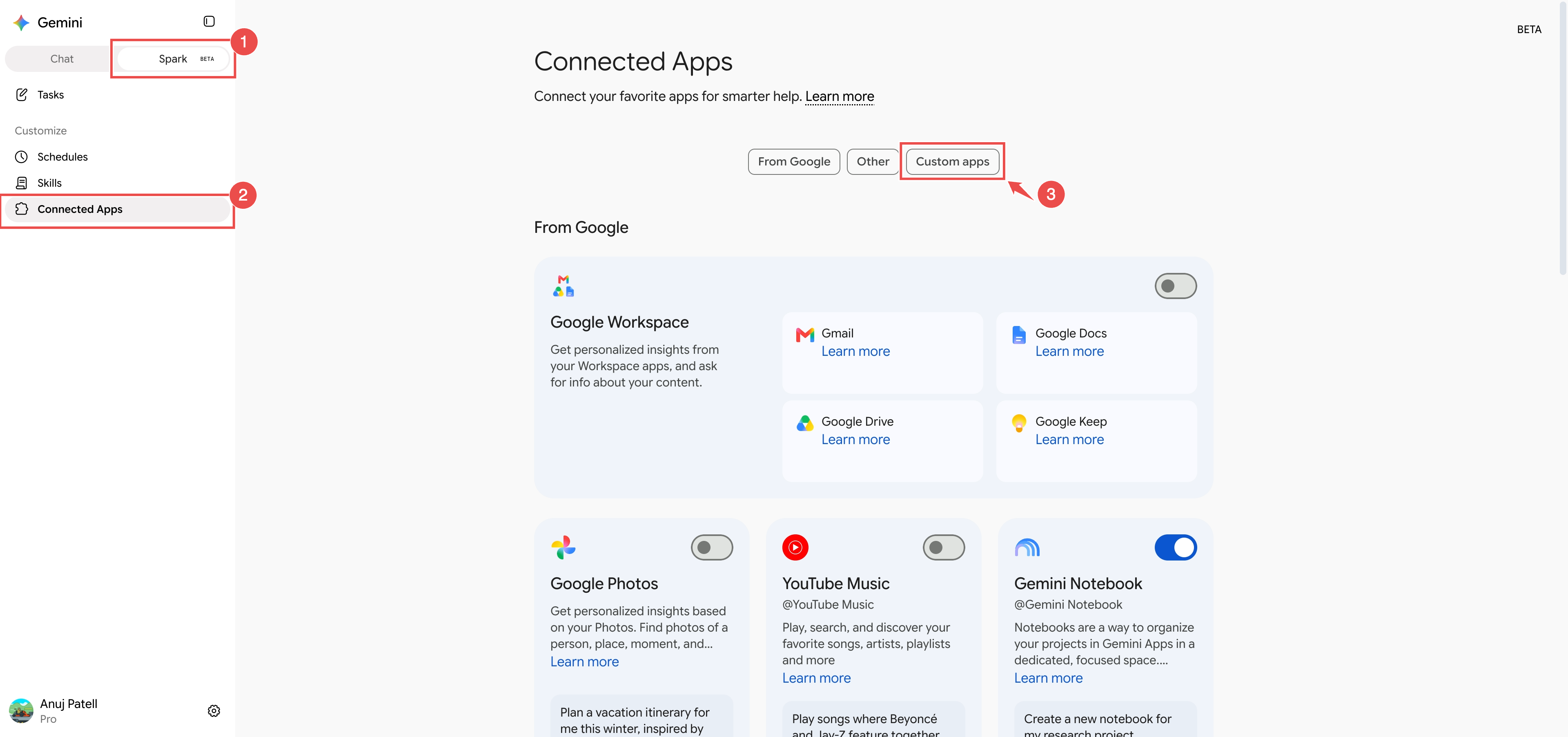 The Gemini sidebar with Spark selected and Connected Apps open, and the Custom apps tab on the Connected Apps page
