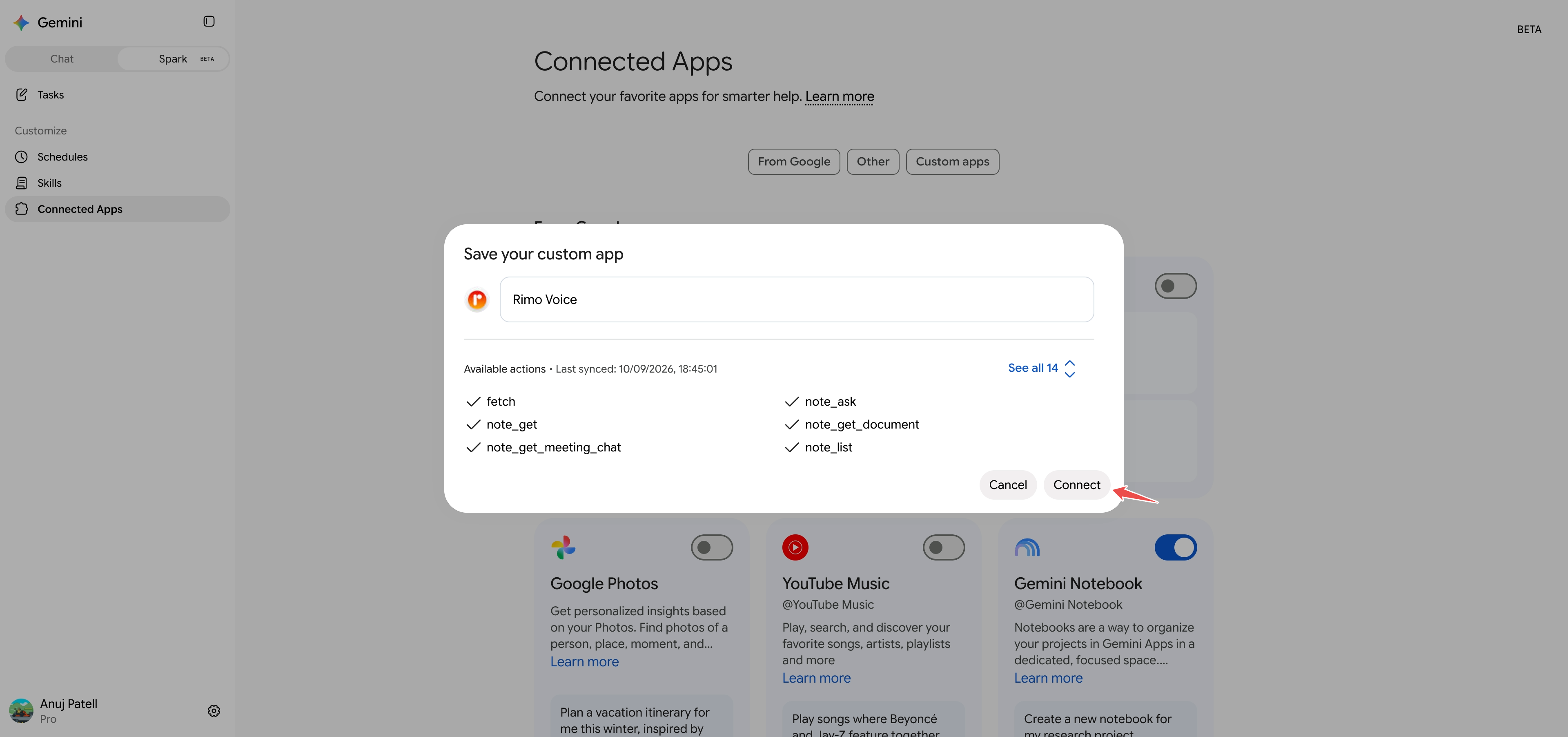 The Save your custom app dialog showing the name Rimo Voice and the list of available actions