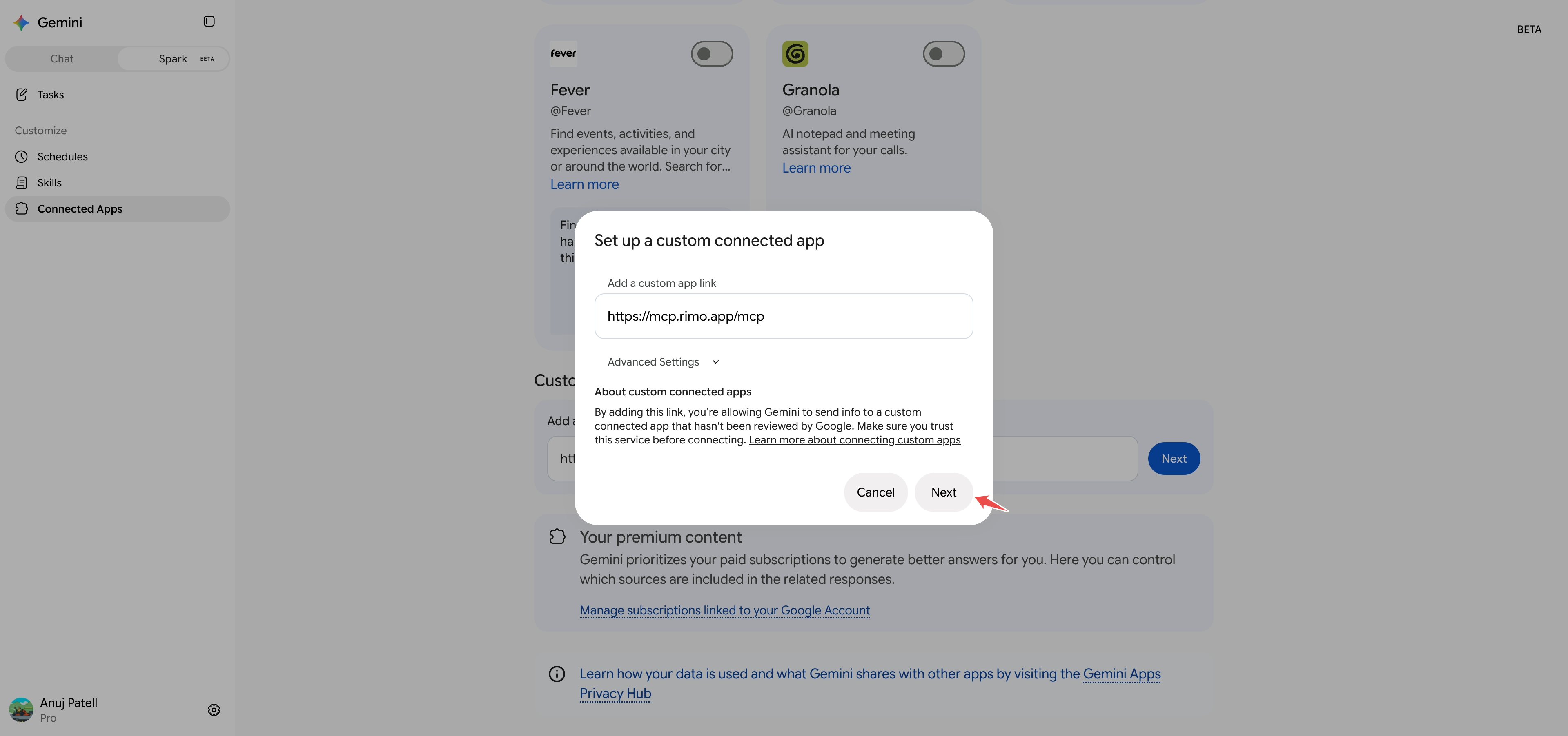 The Set up a custom connected app dialog with the Rimo link filled in, Advanced Settings collapsed, and the Next button