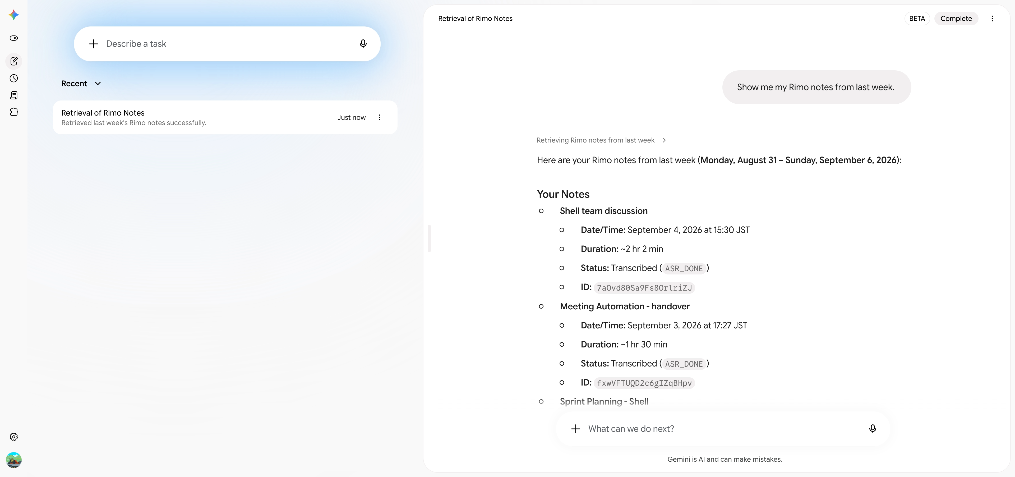 A Spark task answering Show me my Rimo notes from last week, listing notes with date, duration, status, and ID