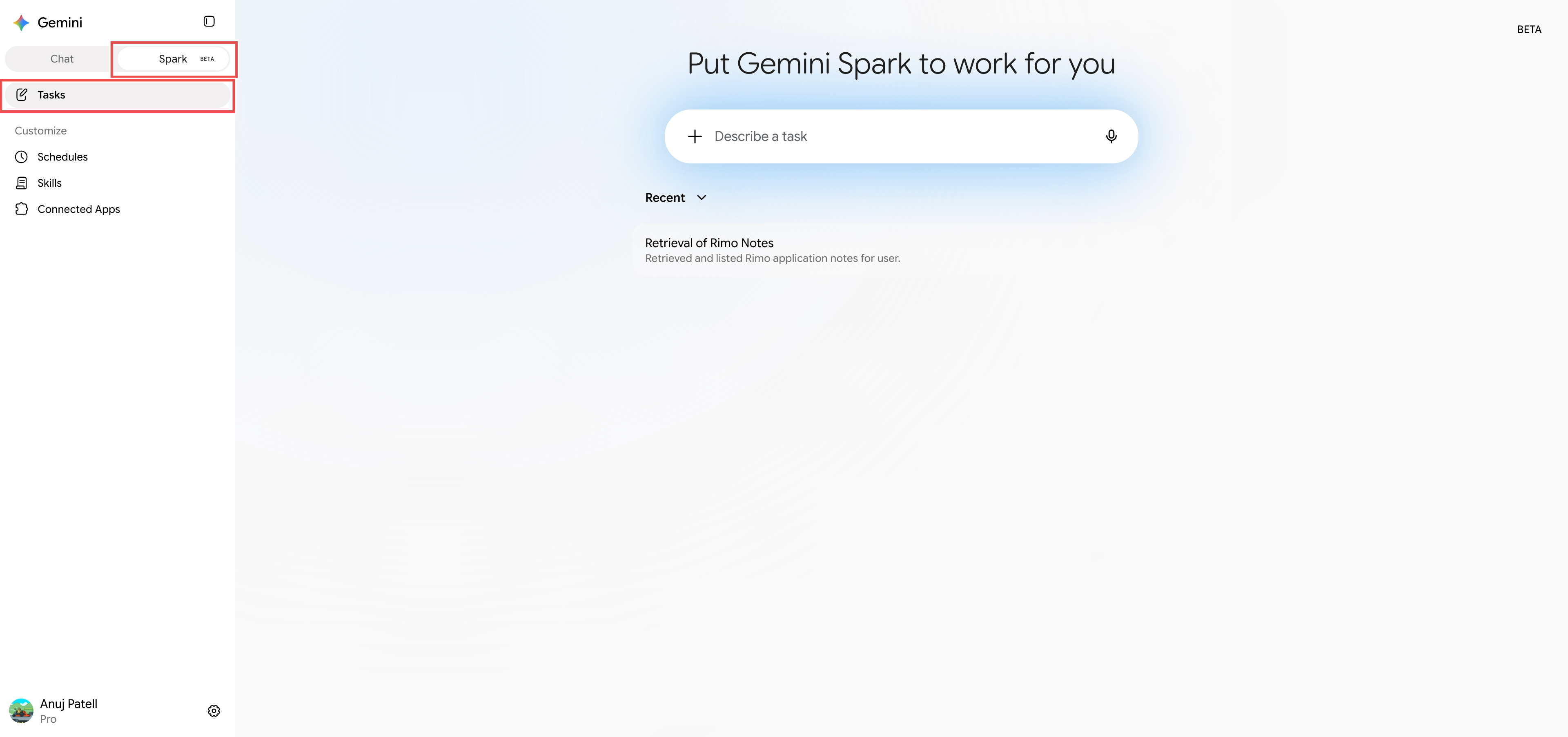 The Spark Tasks page with the Describe a task box