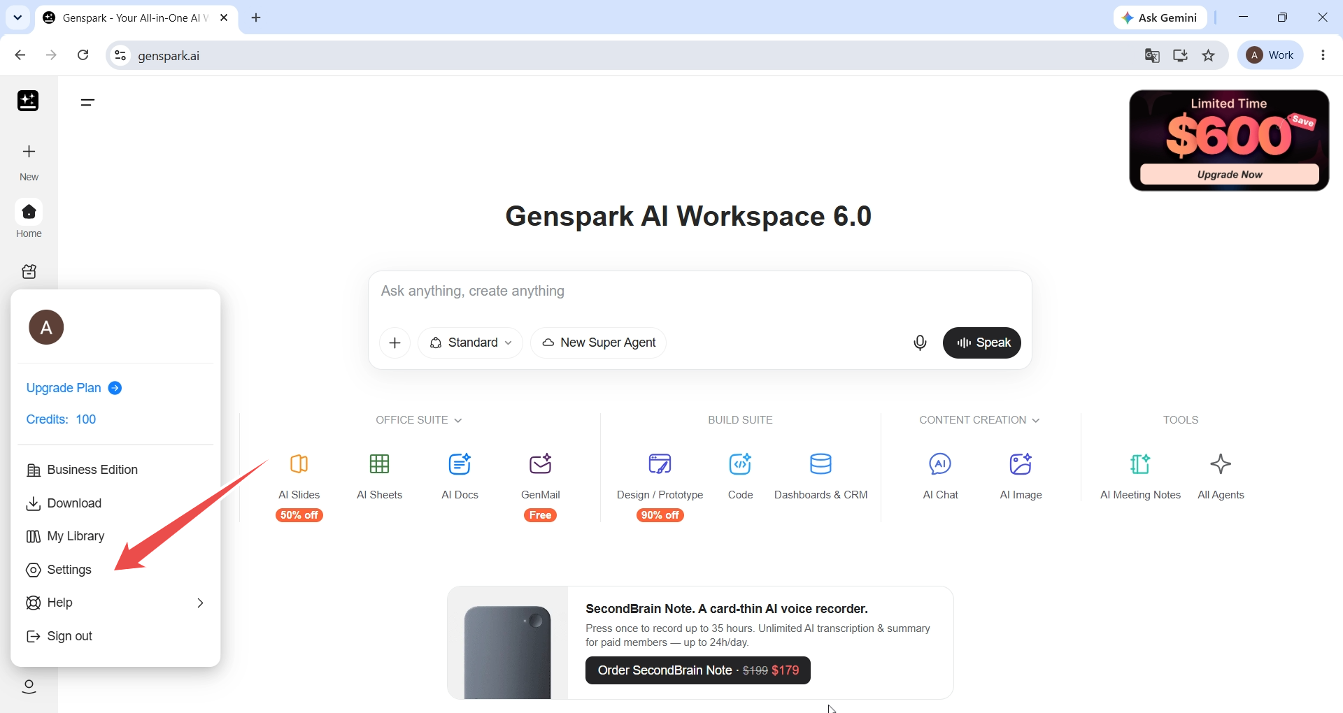 Genspark's account menu with Settings marked