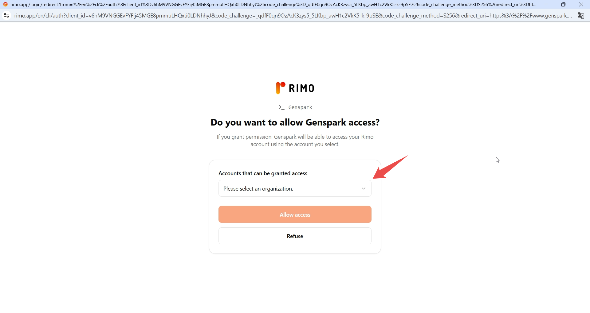 The Rimo authorization page for Genspark with the organization selector and the Allow access button