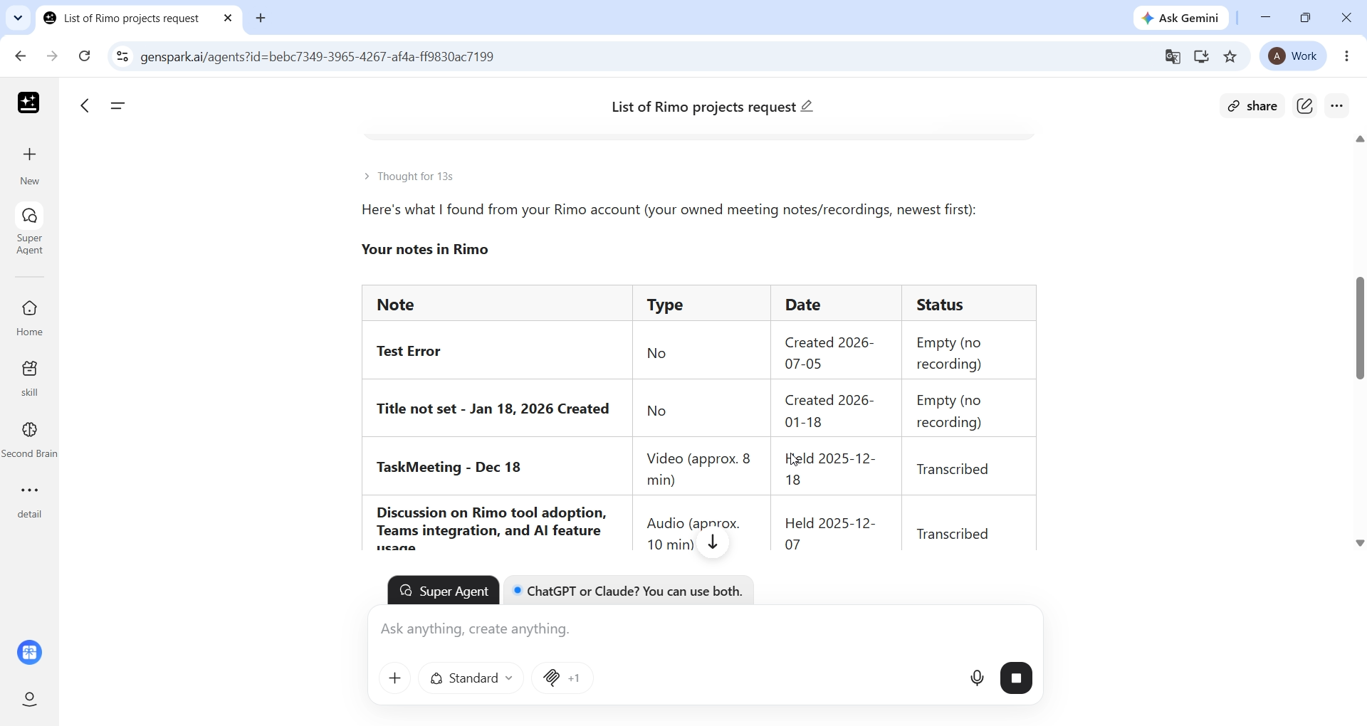 Genspark's Super Agent answering with a table of the notes in the user's Rimo account