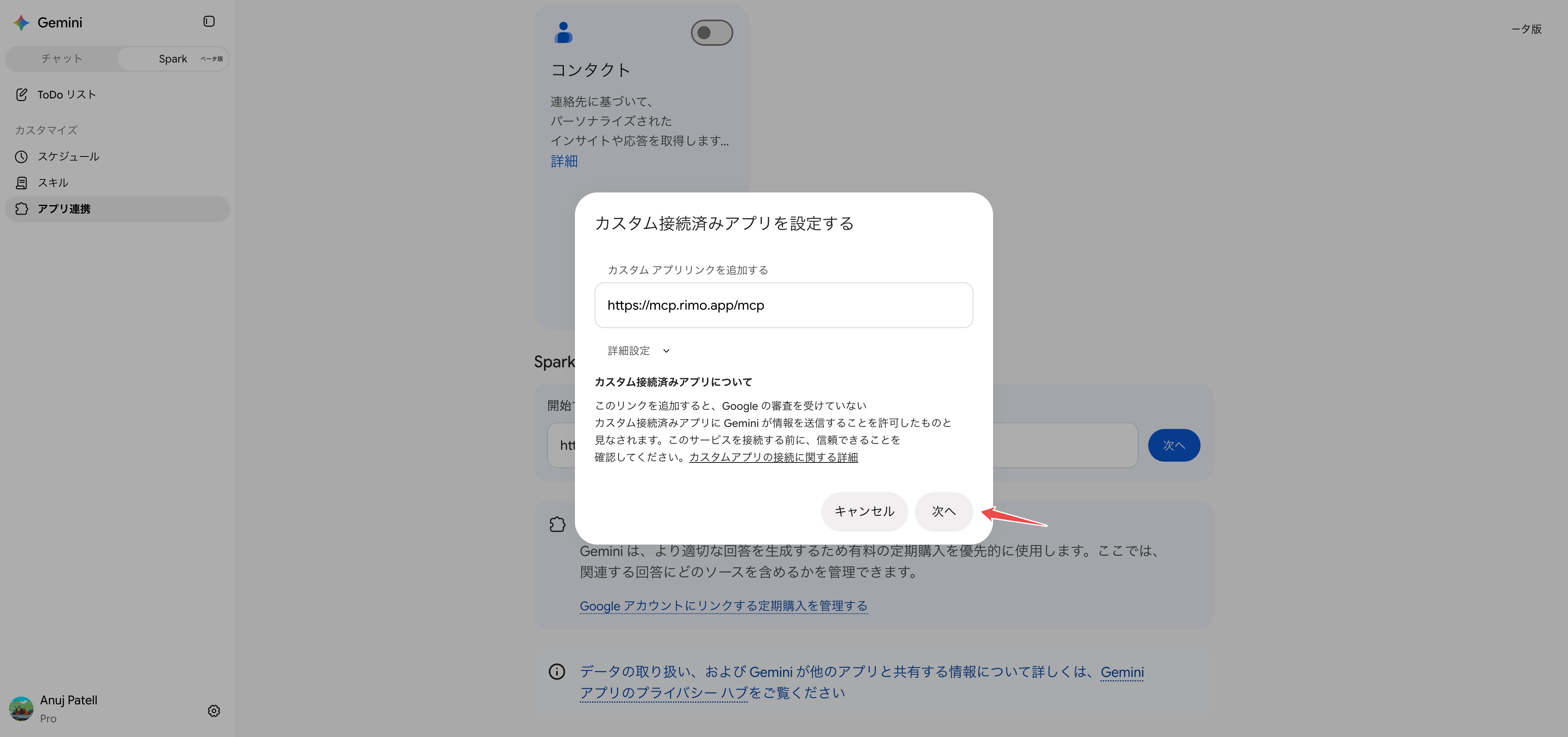 「カスタム接続済みアプリを設定する」ダイアログ。Rimo のリンクが入力され、「詳細設定」は閉じたまま、「次へ」ボタンが表示されている状態