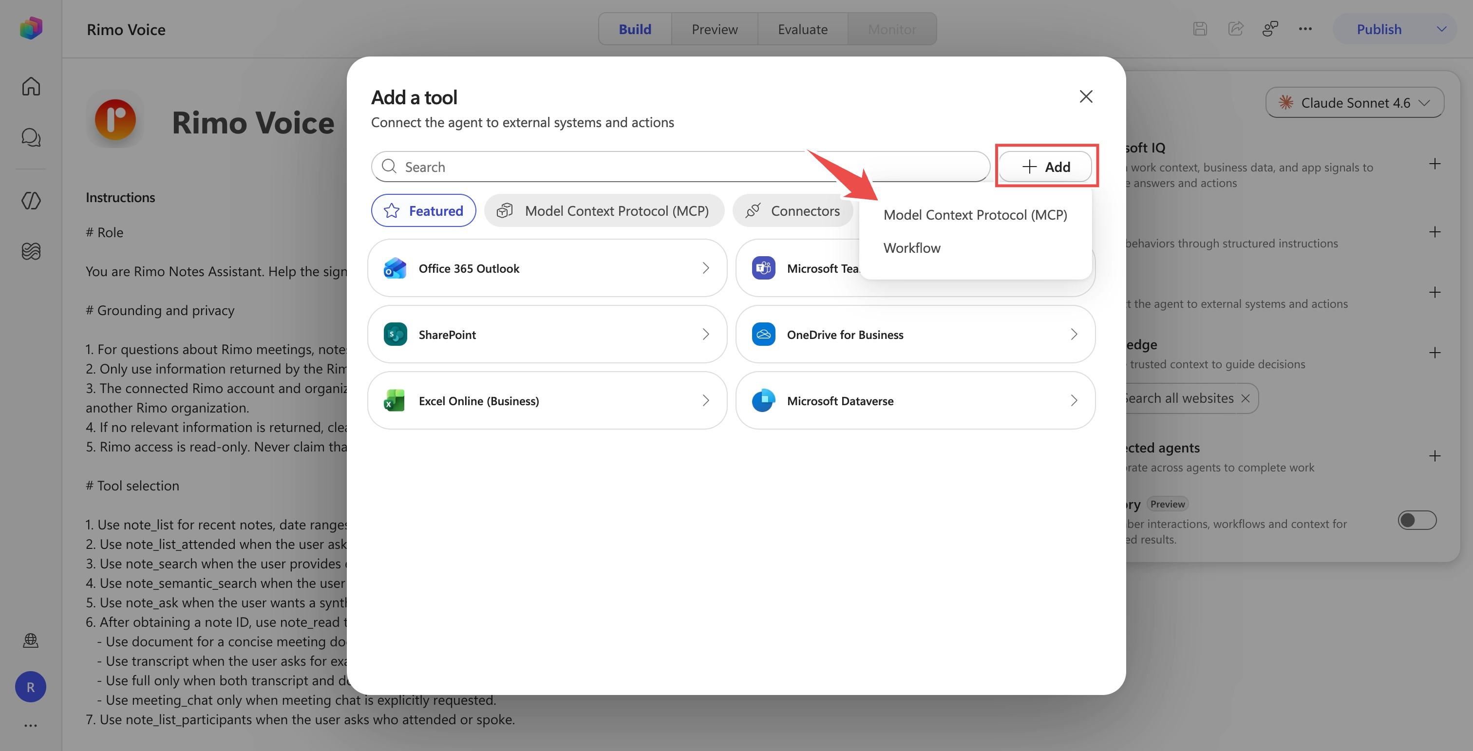 The Add a tool dialog with the Add menu open and Model Context Protocol (MCP) marked