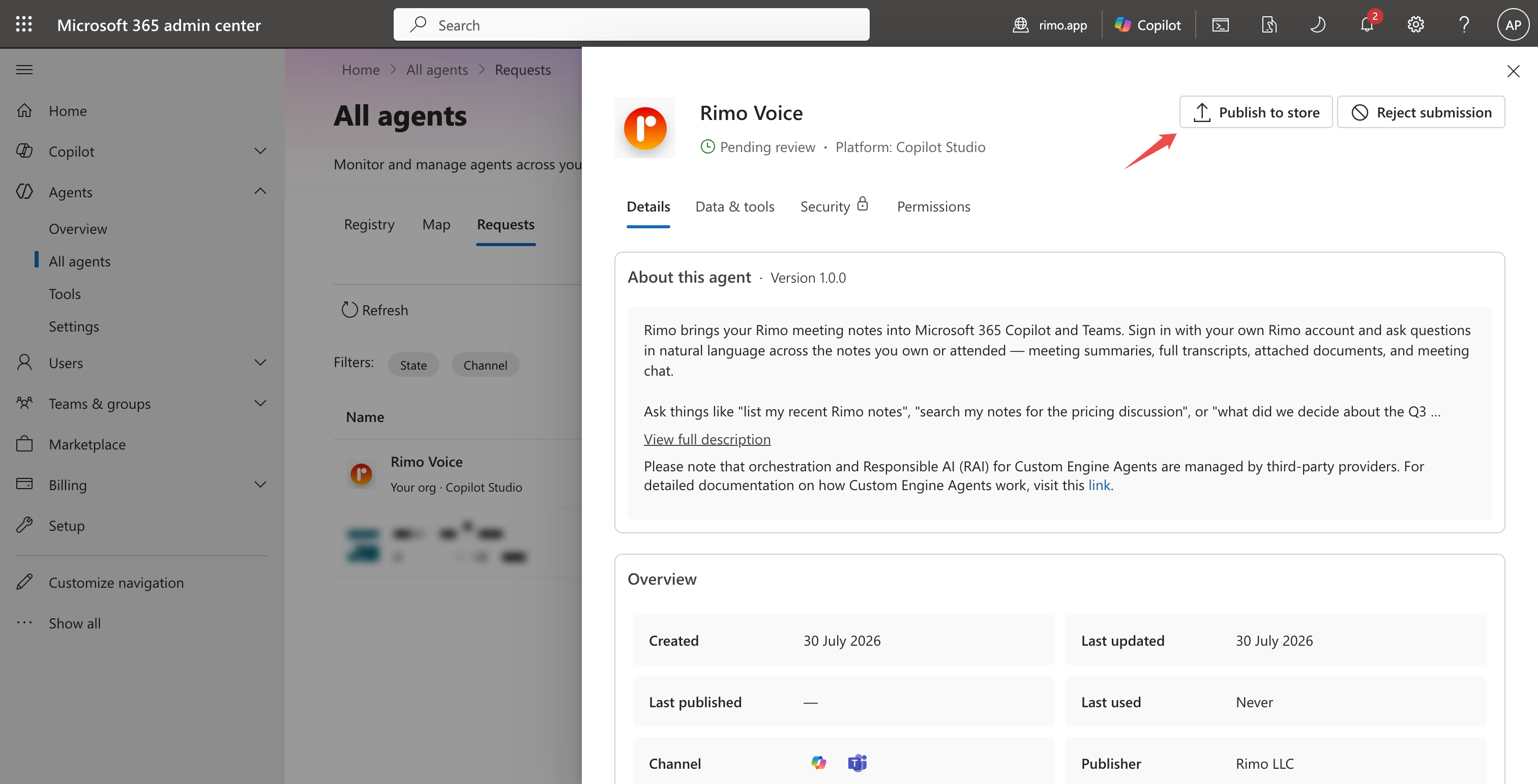 承認待ちの Rimo Voice エージェントの詳細。「Publish to store」をマークした状態