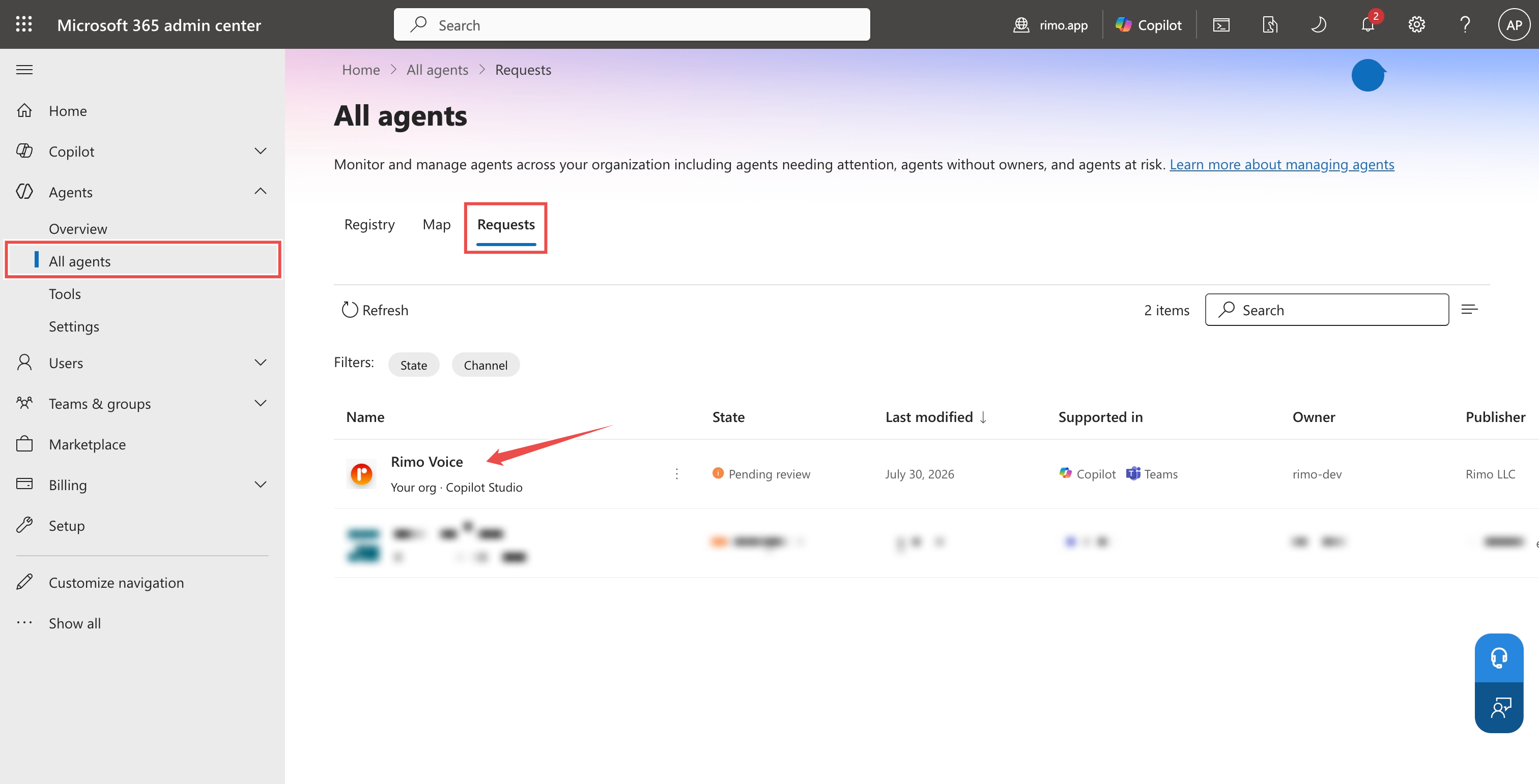 Microsoft 365 管理センターの「Requests」タブ。承認待ちの Rimo Voice エージェント