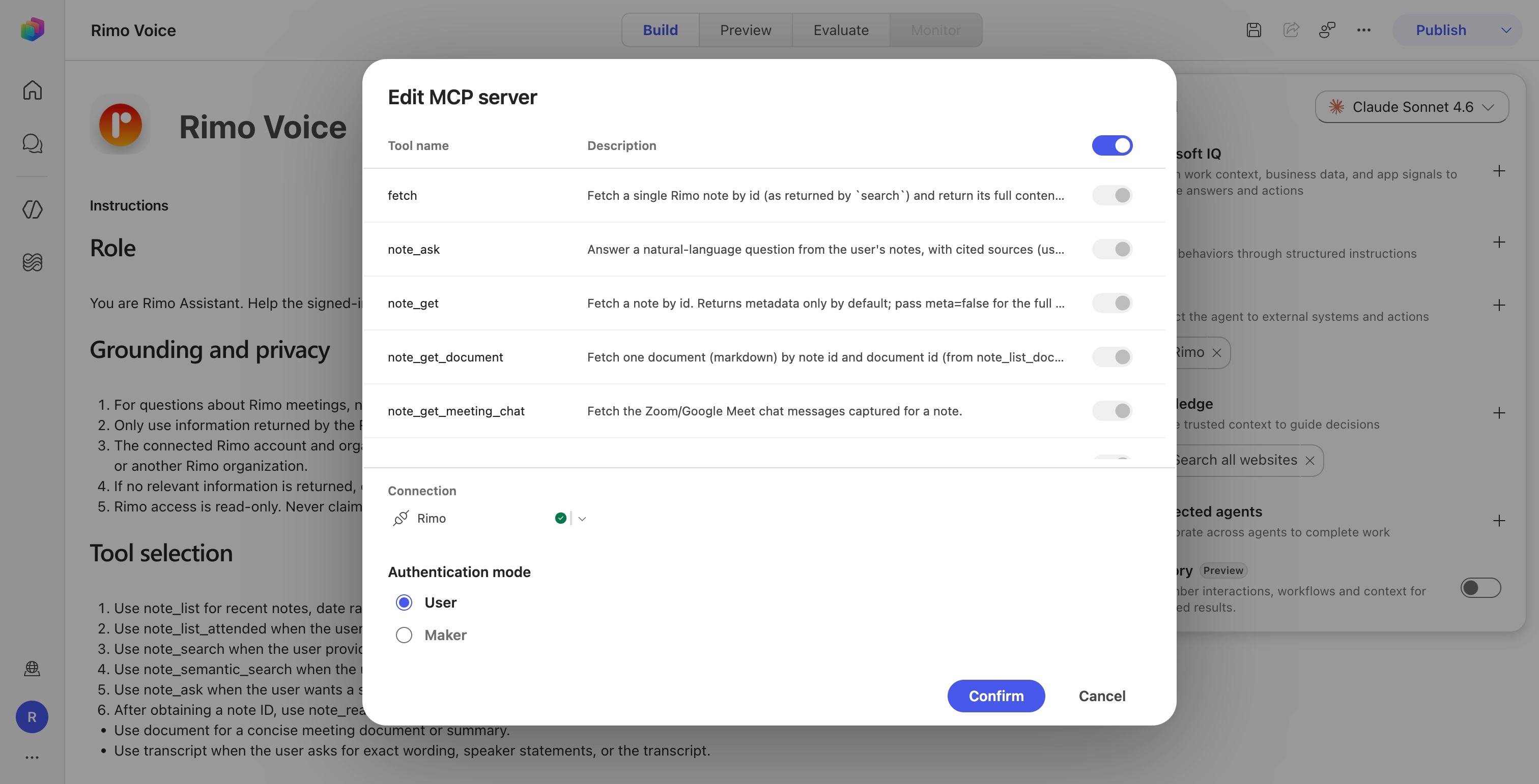 The Edit MCP server dialog with Authentication mode set to User