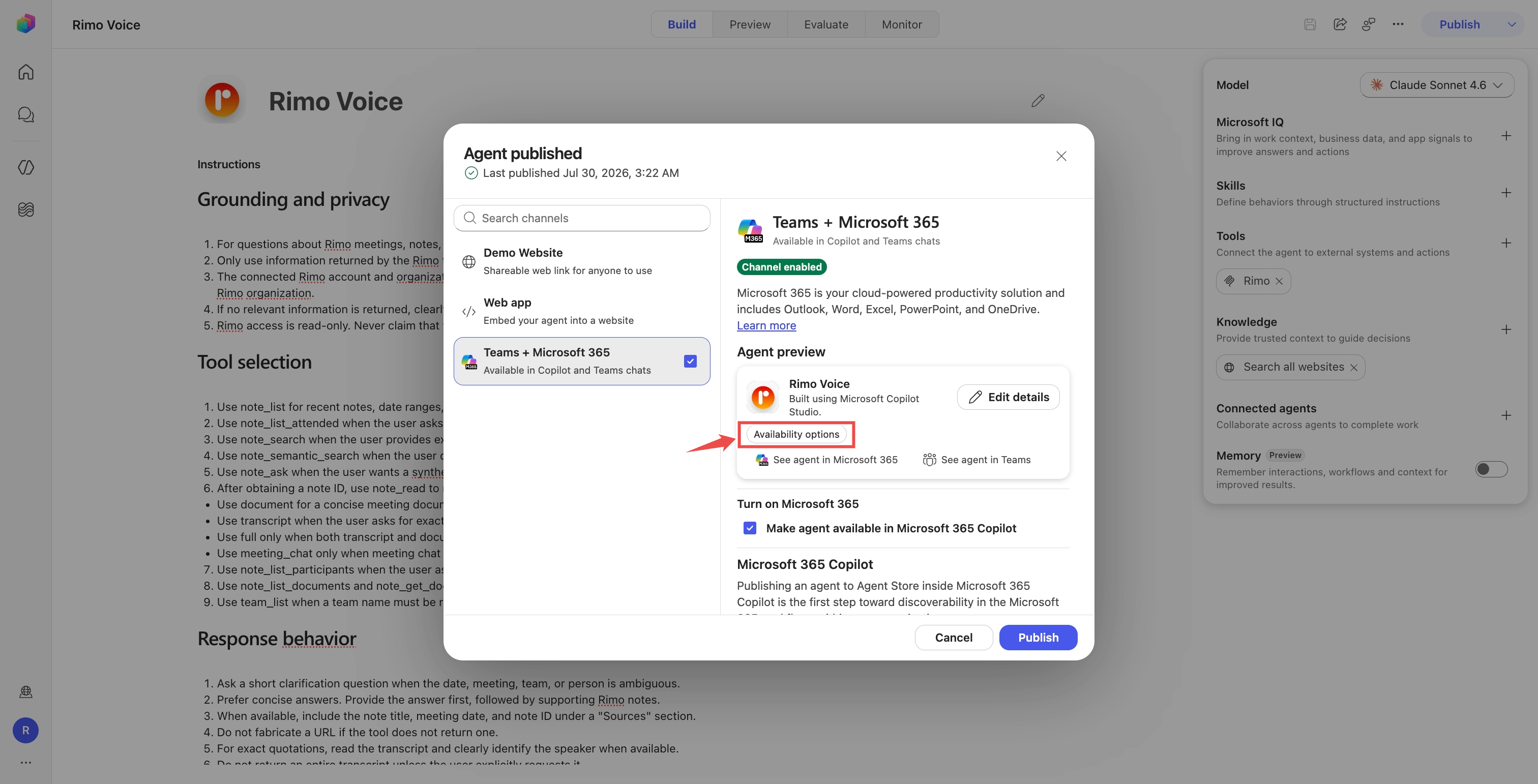 公開済みエージェントのパネル。「Availability options」をマークした状態