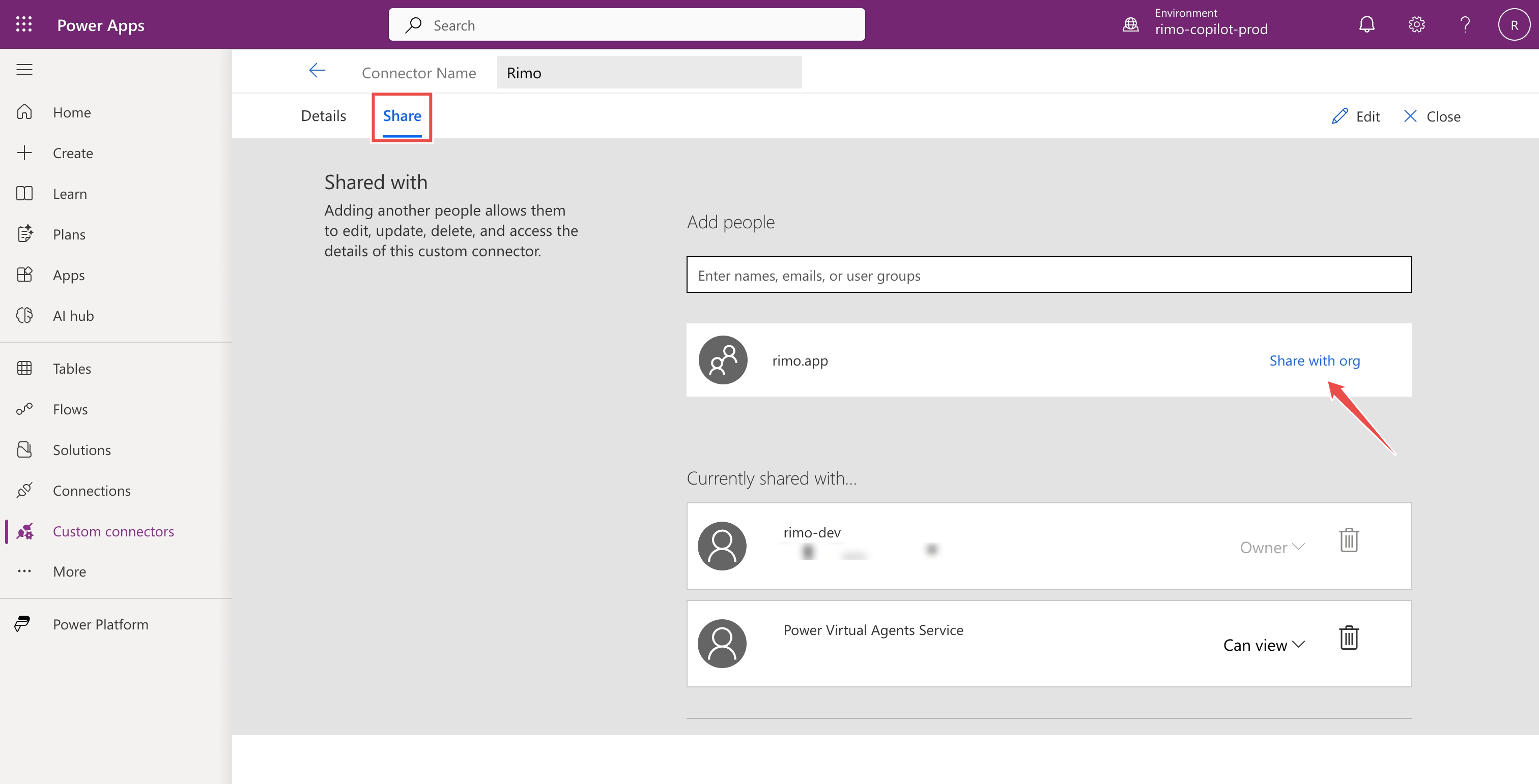 The Rimo custom connector Share tab with Share with org marked