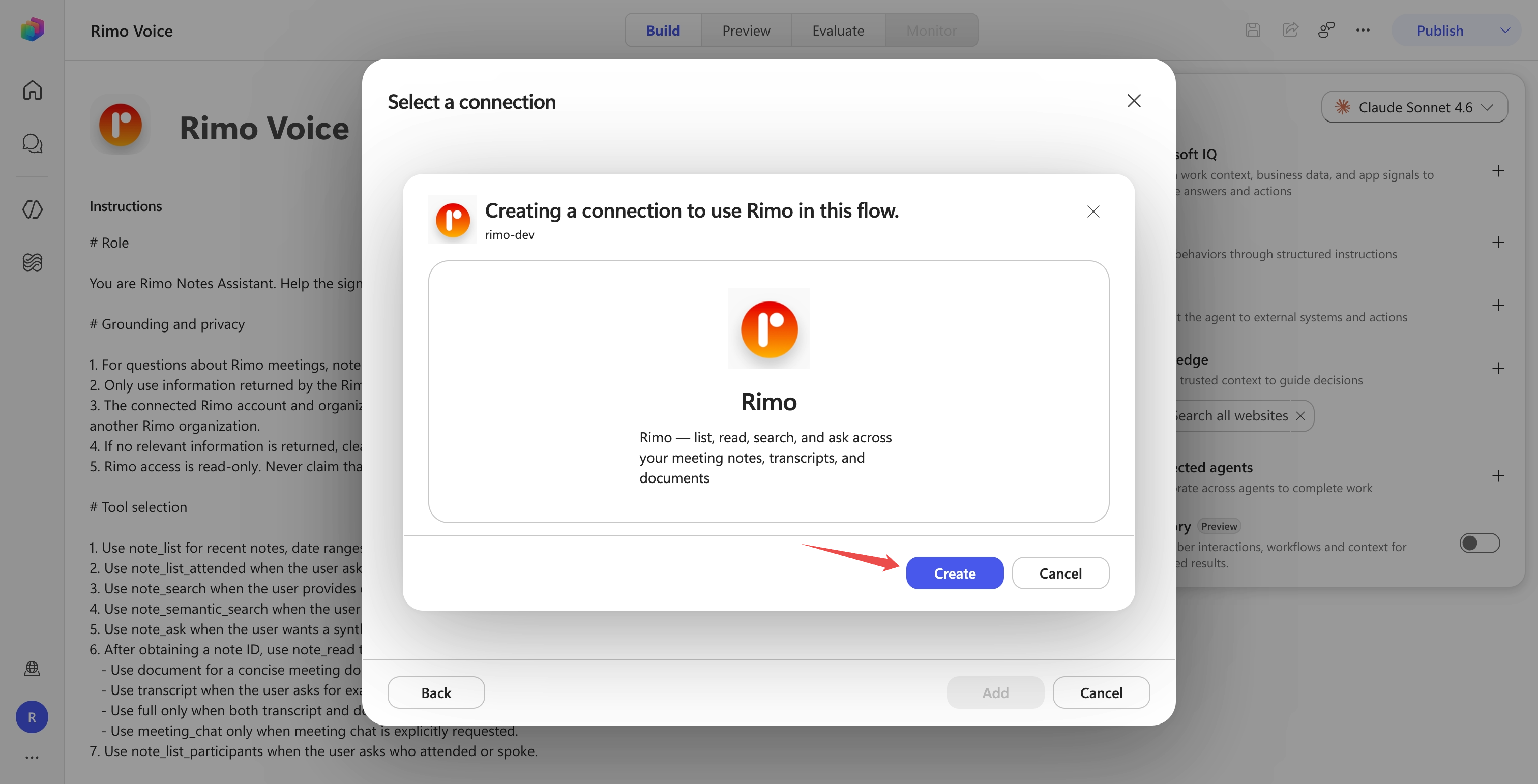 The Create a connection to use Rimo dialog with the Create button