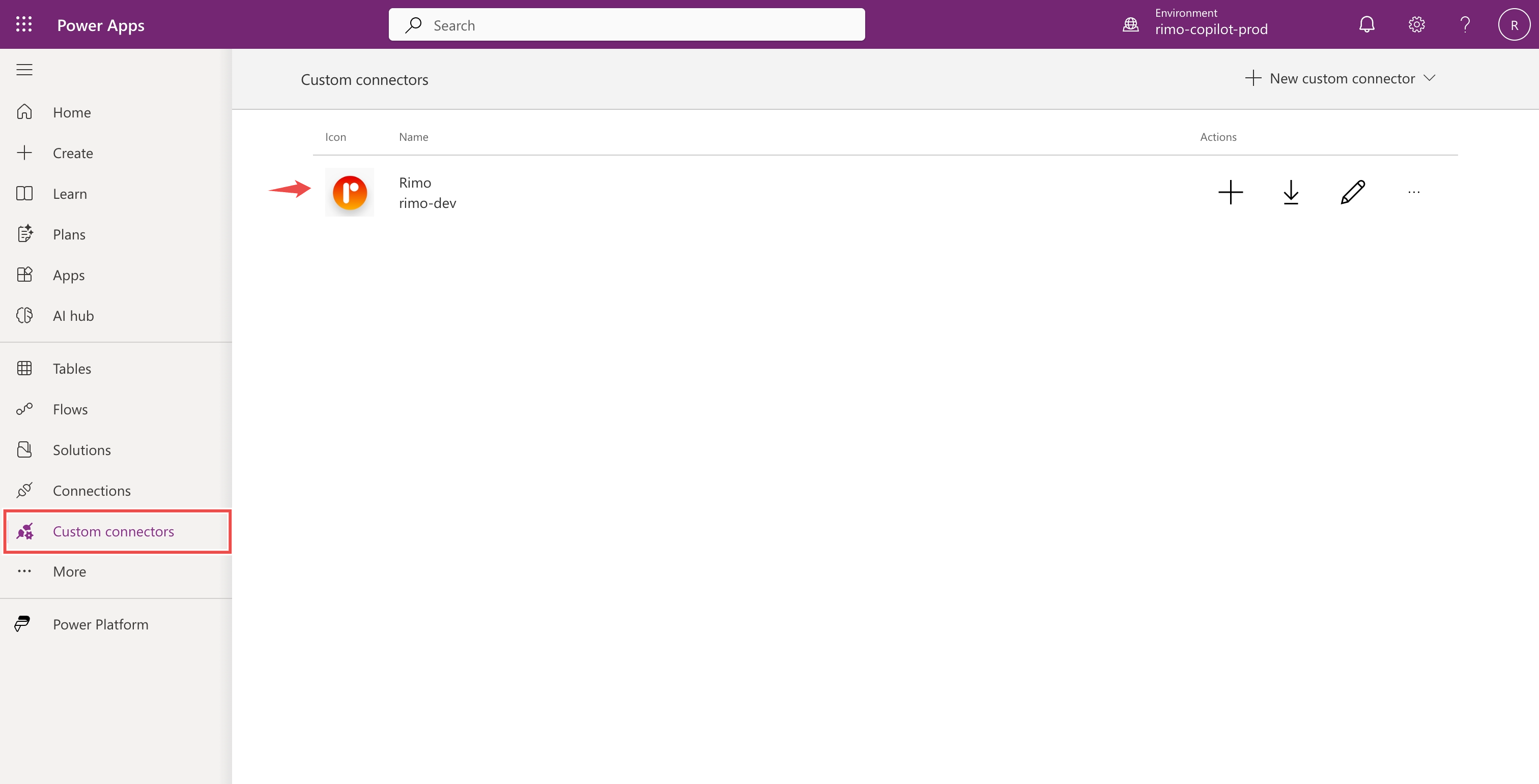 The Power Apps Custom connectors list with the Rimo connector