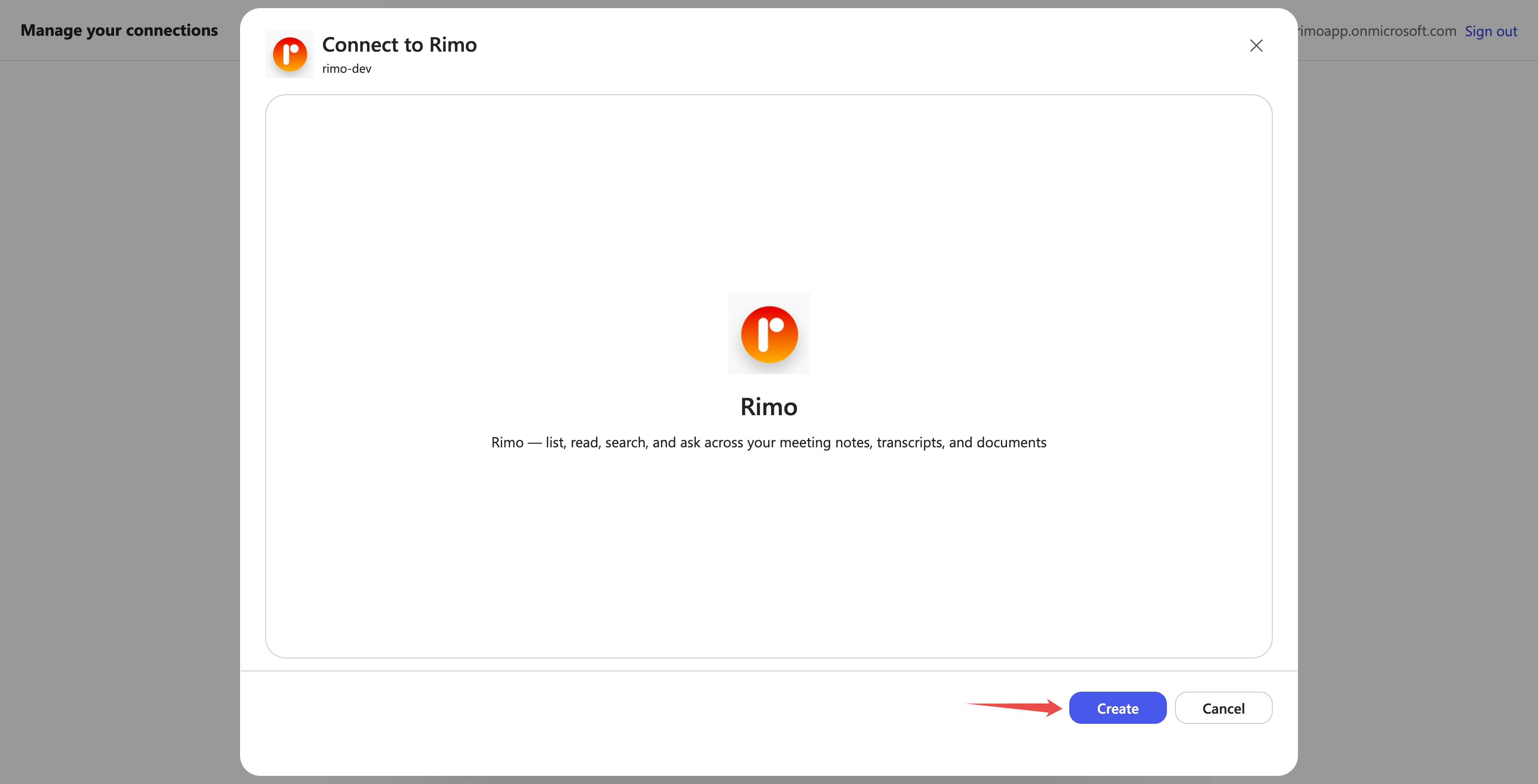 「Connect to Rimo」ダイアログの作成ボタン