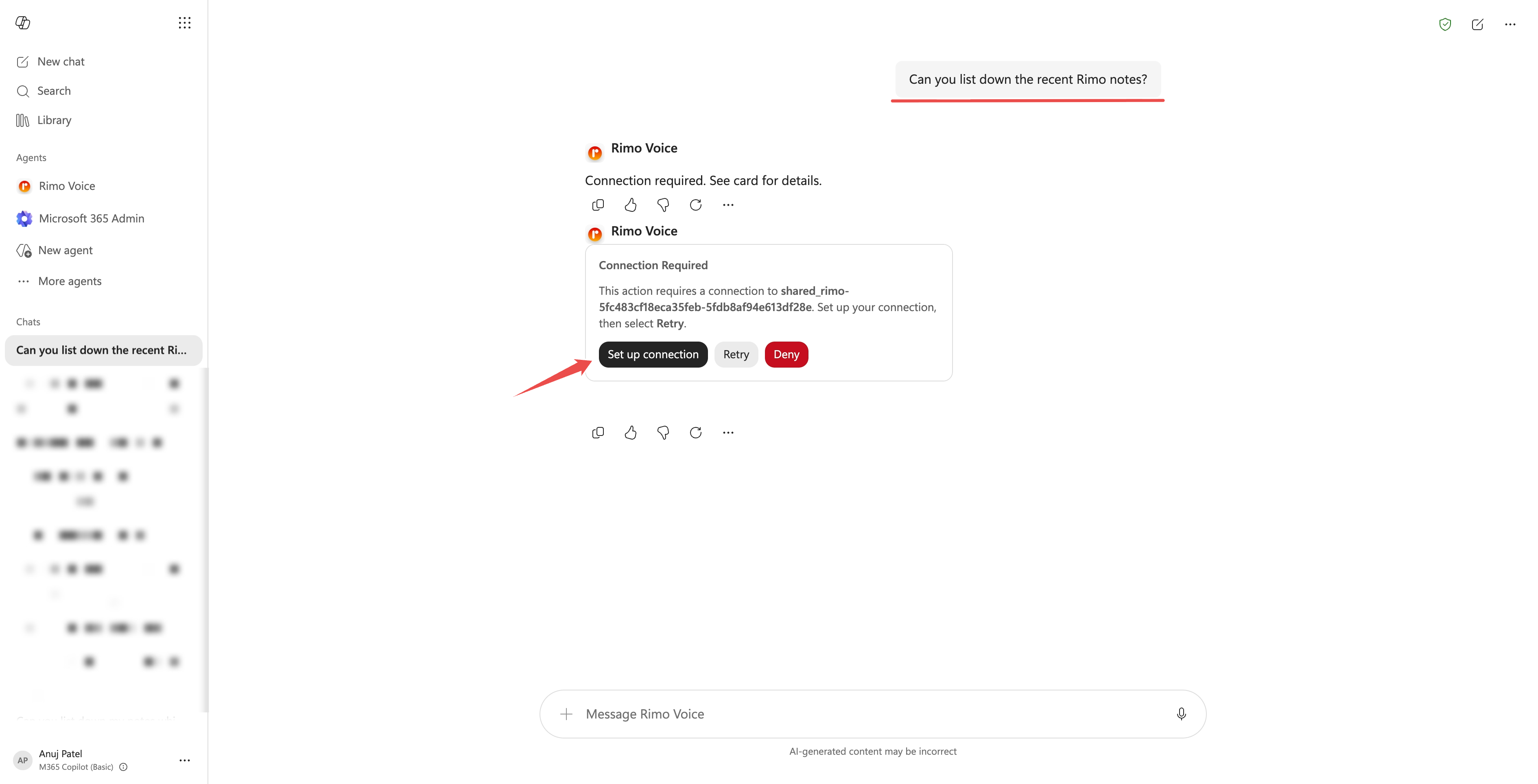 Rimo Voice のチャット。「Connection Required」カードと「Set up connection」