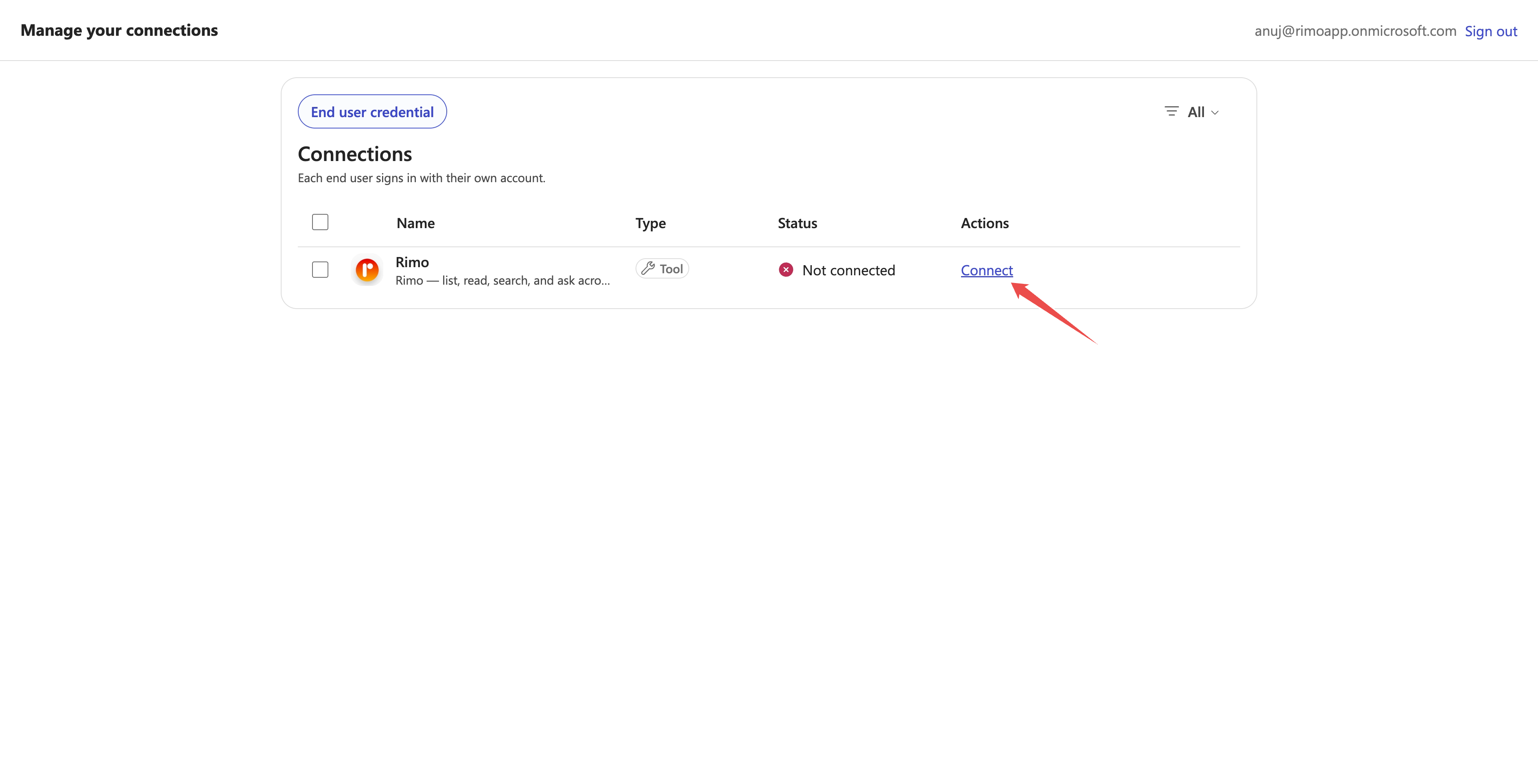 「Manage your connections」ページ。Rimo の行と「Connect」リンク