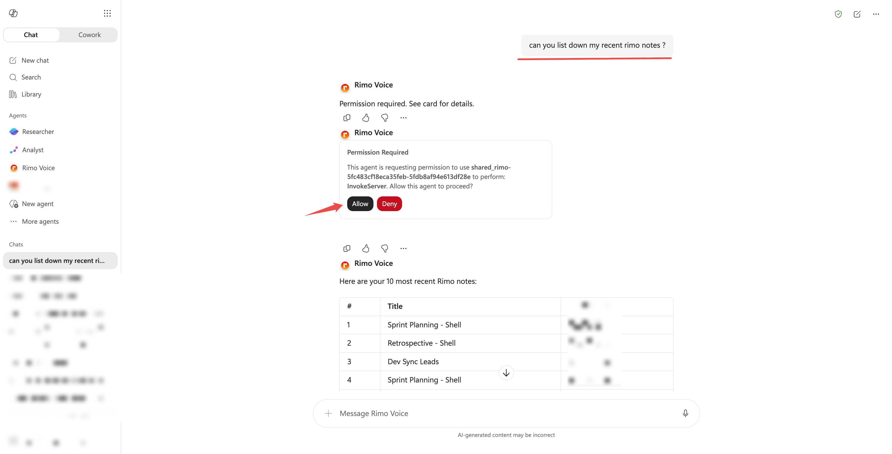 Rimo Voice のチャット。2 回目の送信でエンドユーザーの最近のノートの一覧が返された状態