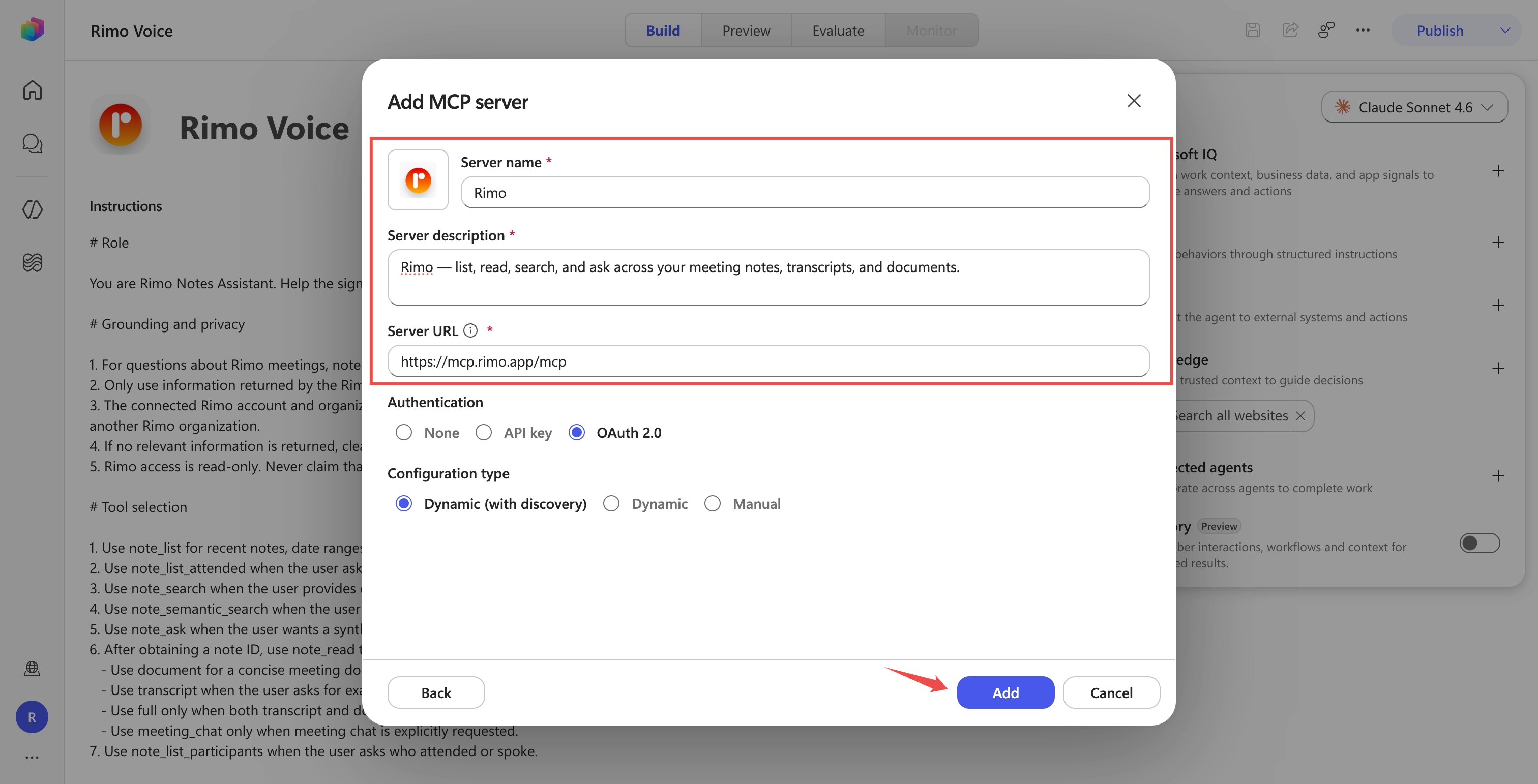The Add MCP server dialog with the Rimo name, description, URL, OAuth 2.0, and Dynamic (with discovery) selected