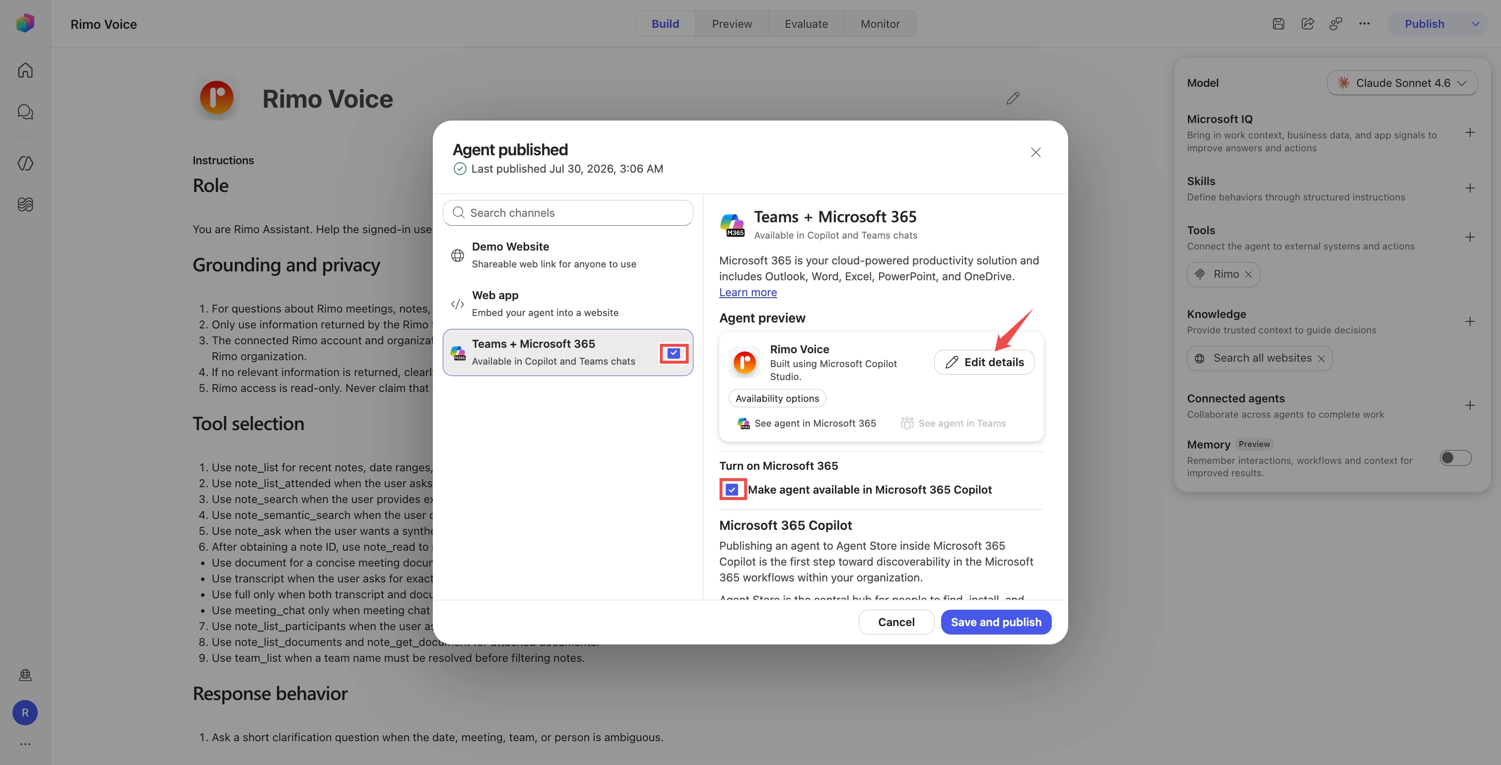 チャネルパネル。Teams と Microsoft 365 を選択し、「Make agent available in Microsoft 365 Copilot」にチェックが入った状態