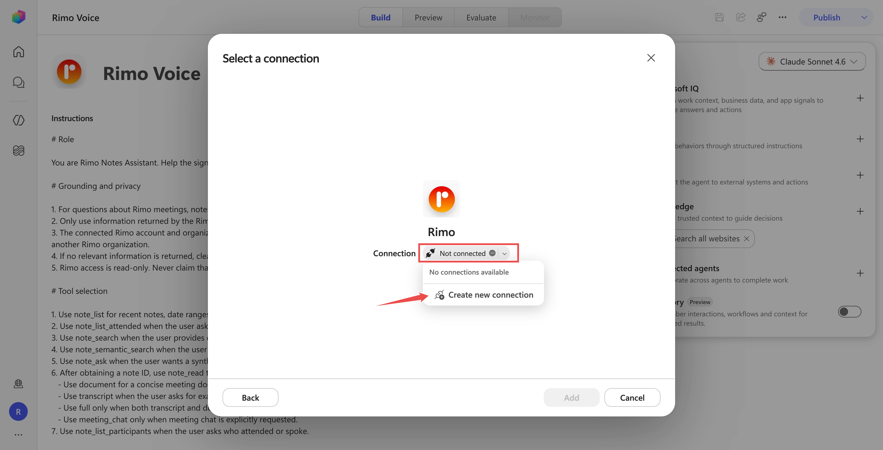 The Select a connection dialog with the connection dropdown open and Create new connection marked