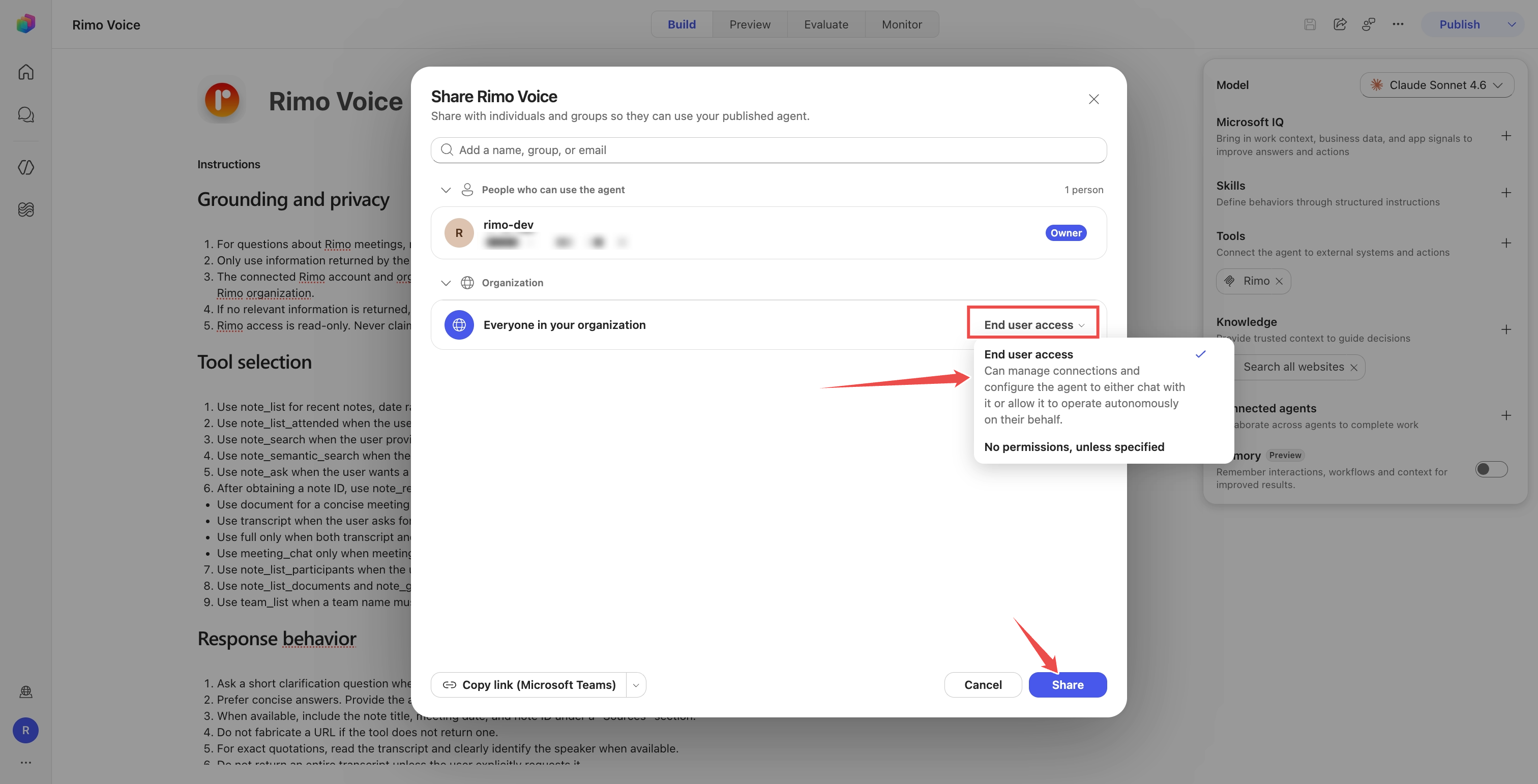 「Share Rimo Voice」ダイアログ。「Everyone in your organization」を「End user access」に設定した状態