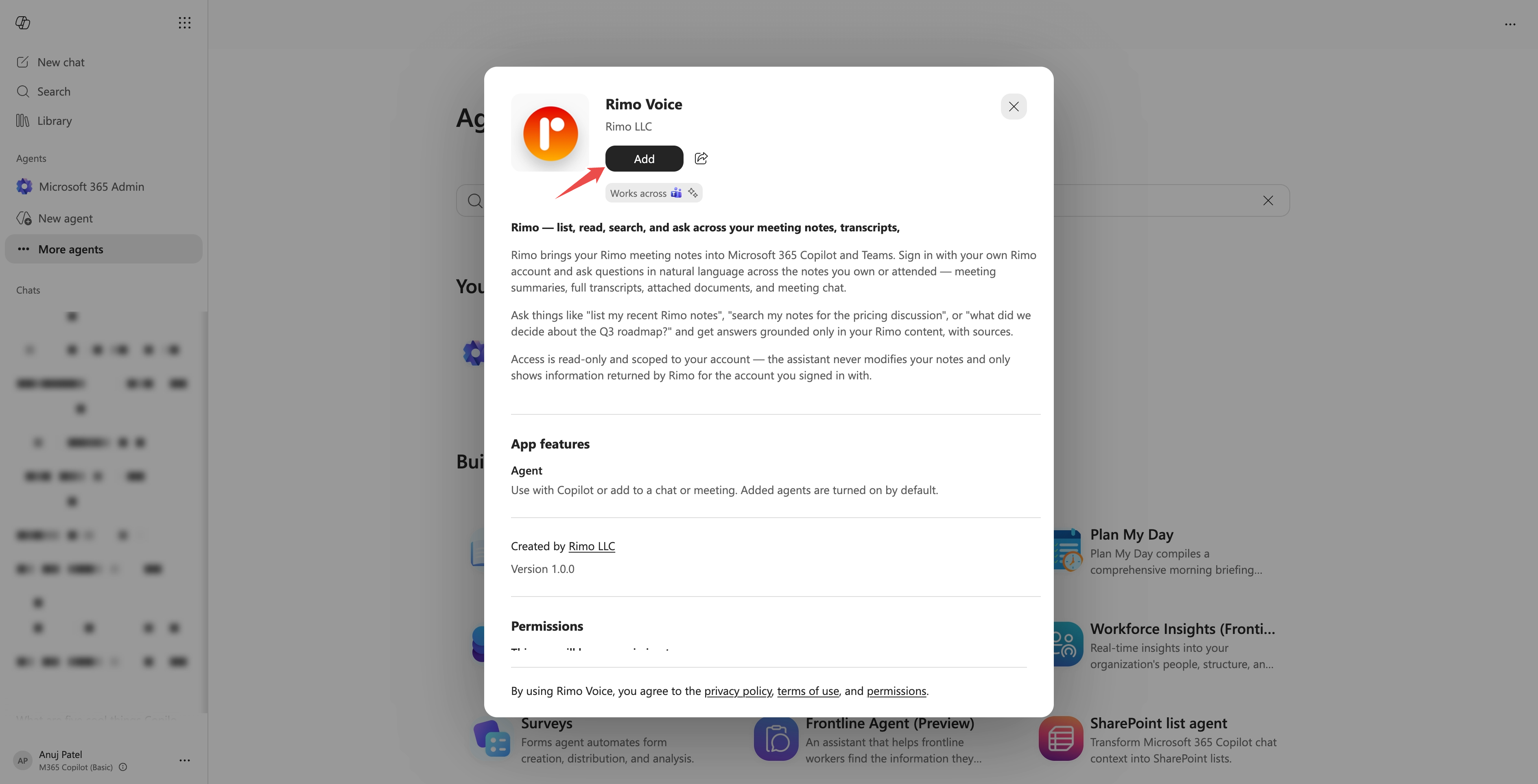 エージェントストアの Rimo Voice のページと「追加(Add)」ボタン