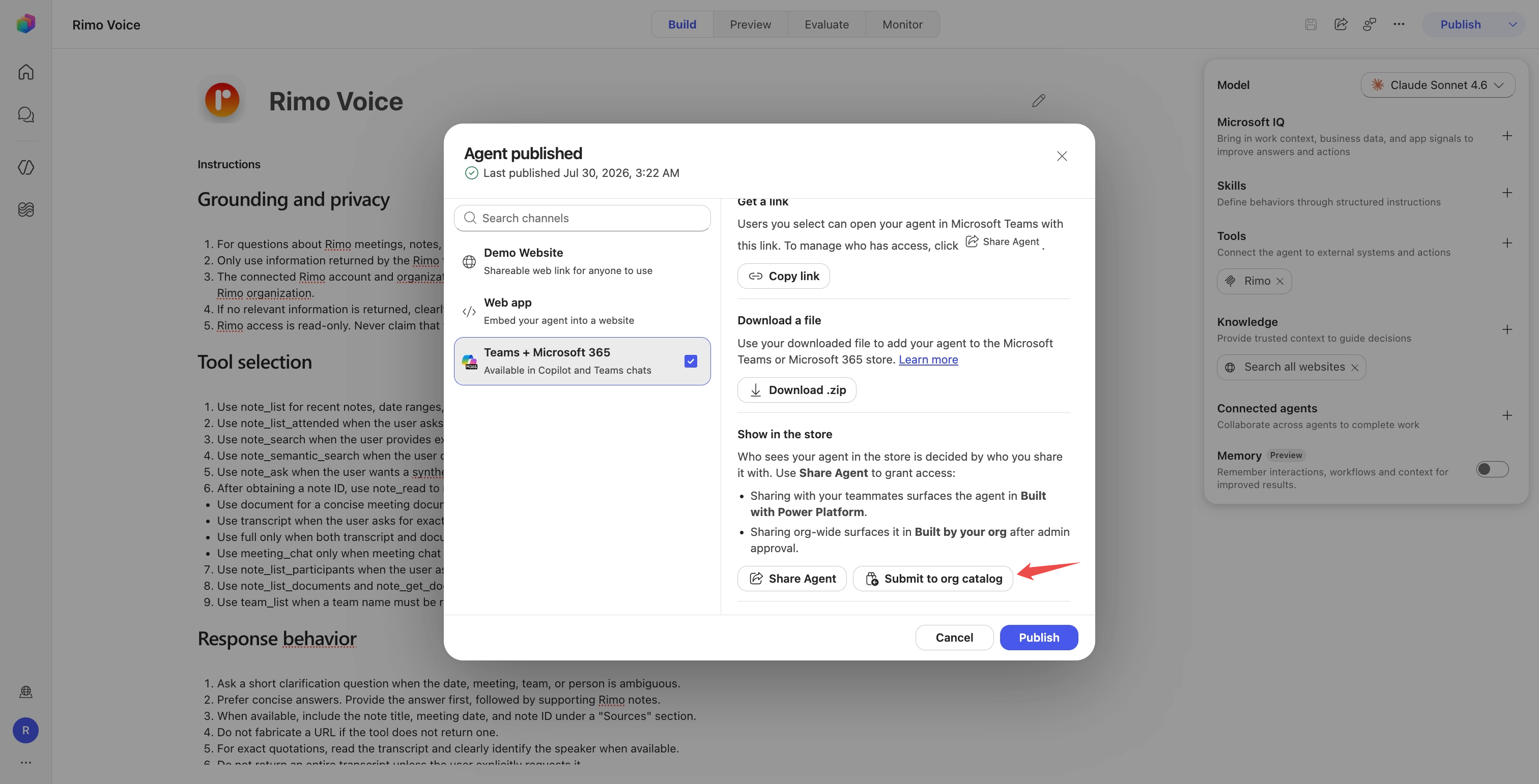 公開済みエージェントのパネル。「Submit to org catalog」をマークした状態