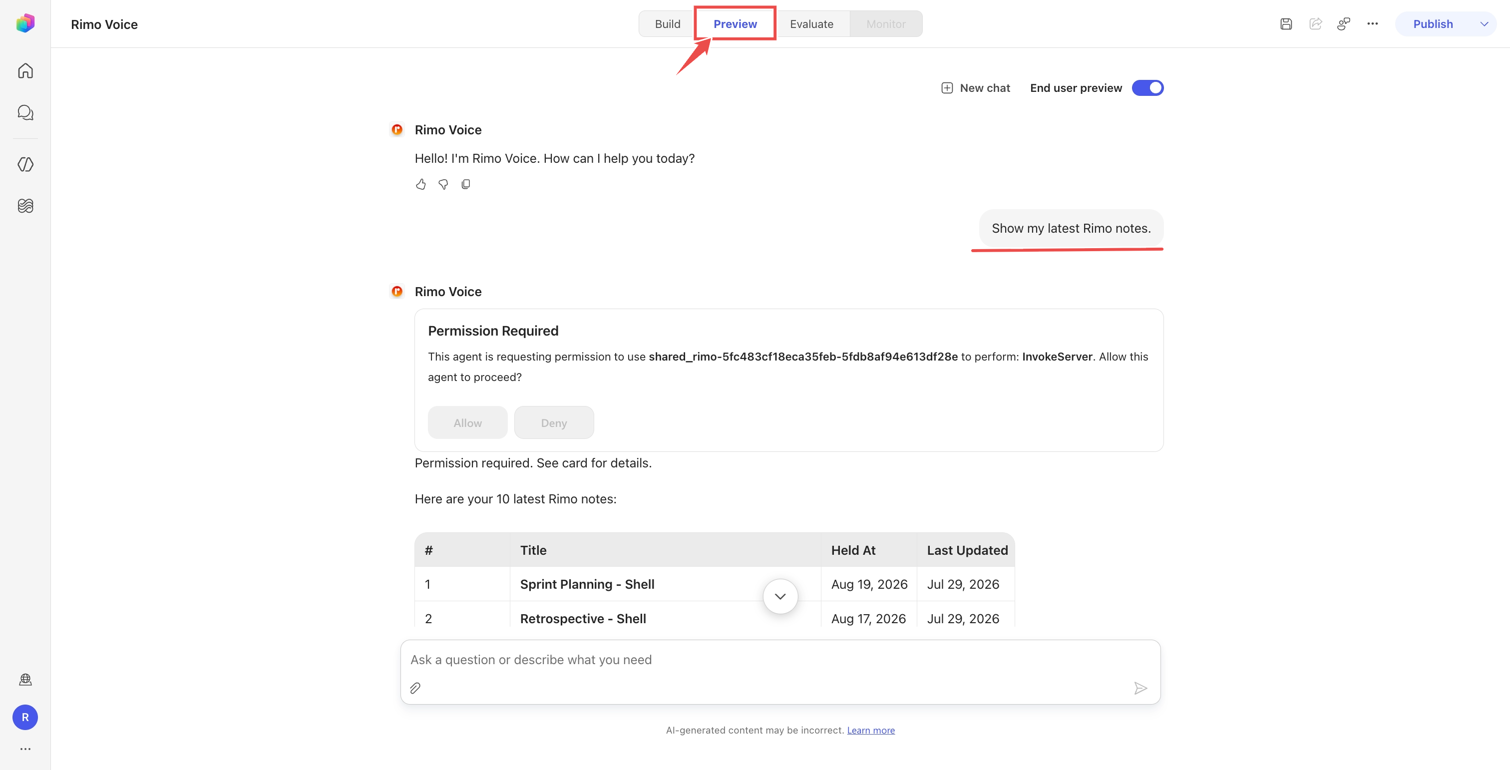 プレビューパネル。「Permission Required」カードと、返された Rimo ノートの一覧
