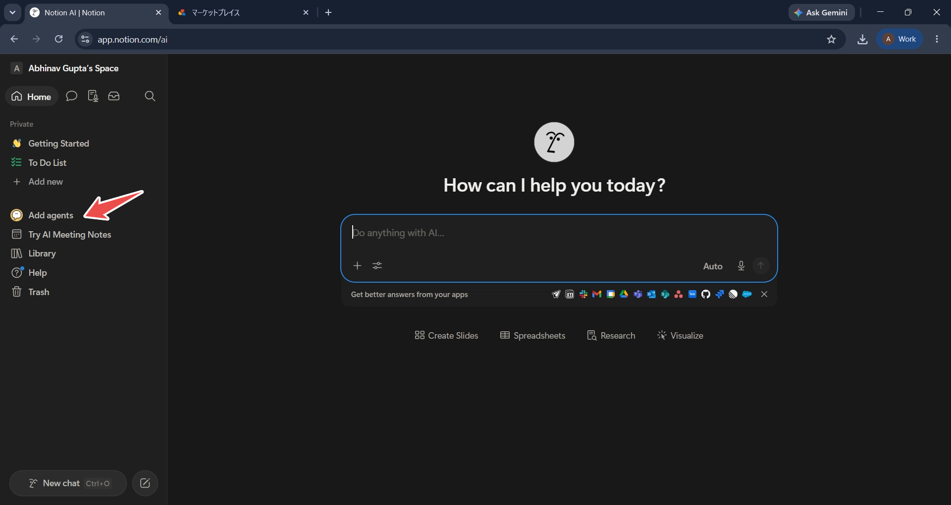 Notion's sidebar with Add agents marked