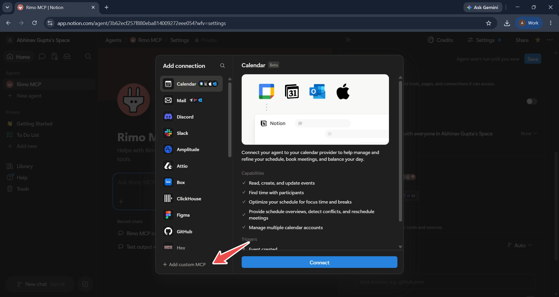 The Add connection dialog with Add custom MCP marked at the bottom of the list