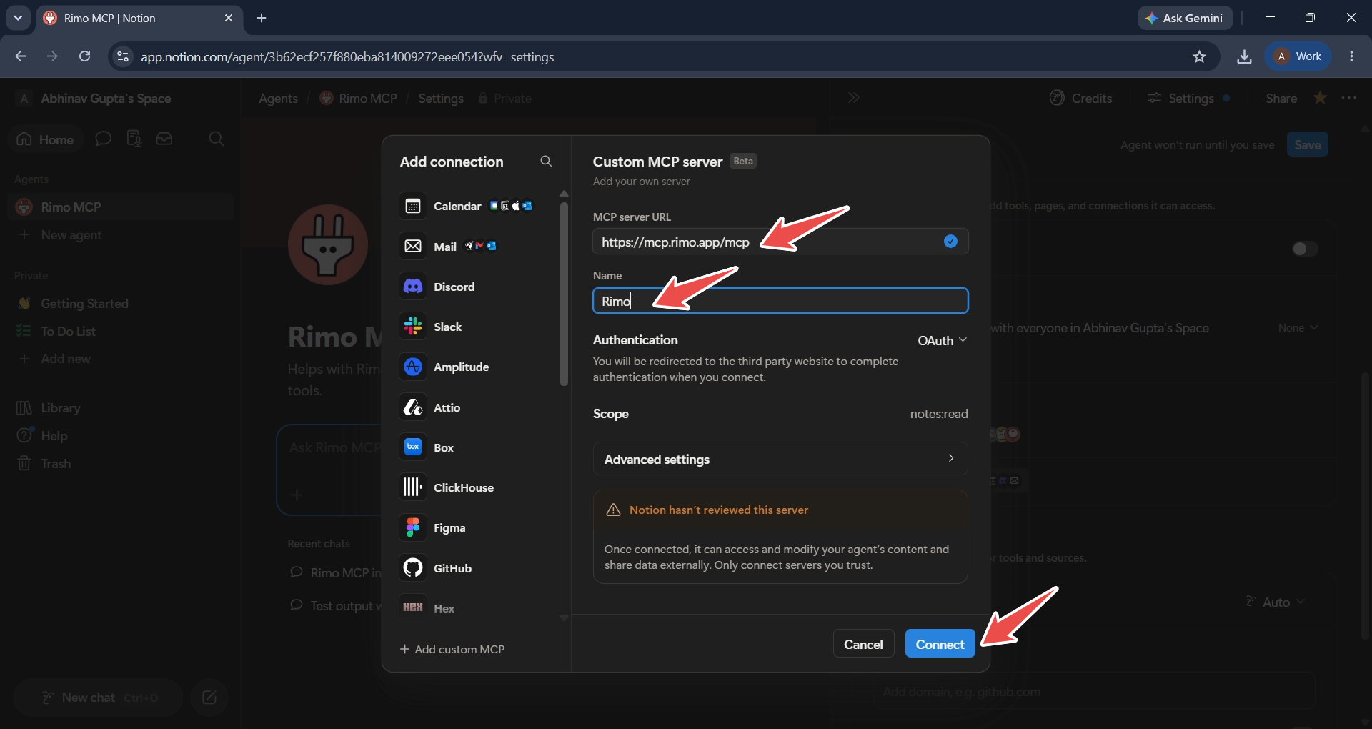 The Custom MCP server panel with the Rimo server URL, the name Rimo, Authentication set to OAuth, the notes:read scope, and the Connect button