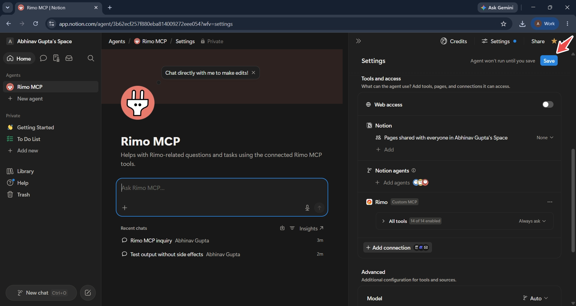 The agent's Tools and access section with the Rimo custom MCP connection listed and the Save button marked