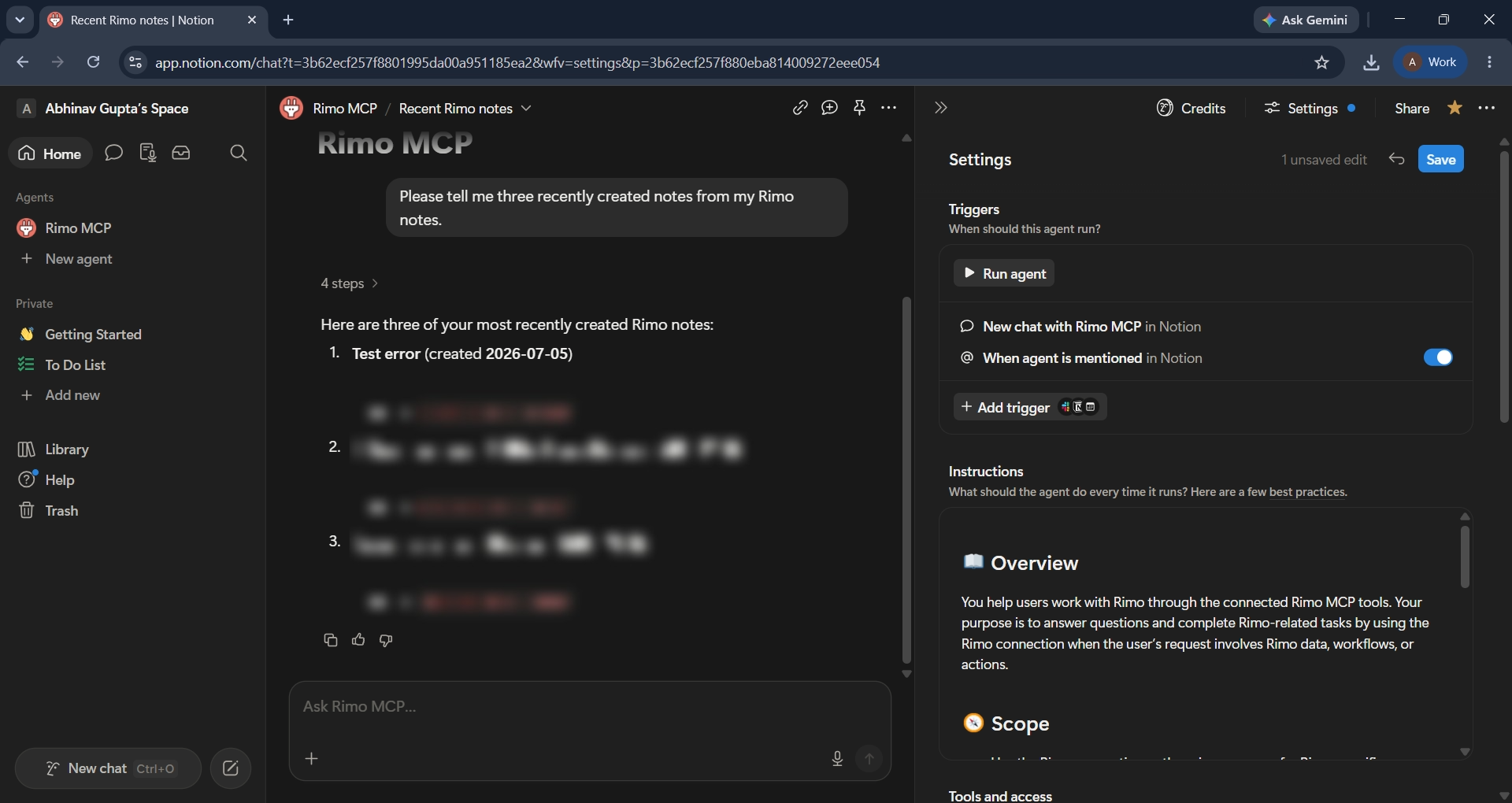 The agent answering with three recently created Rimo notes