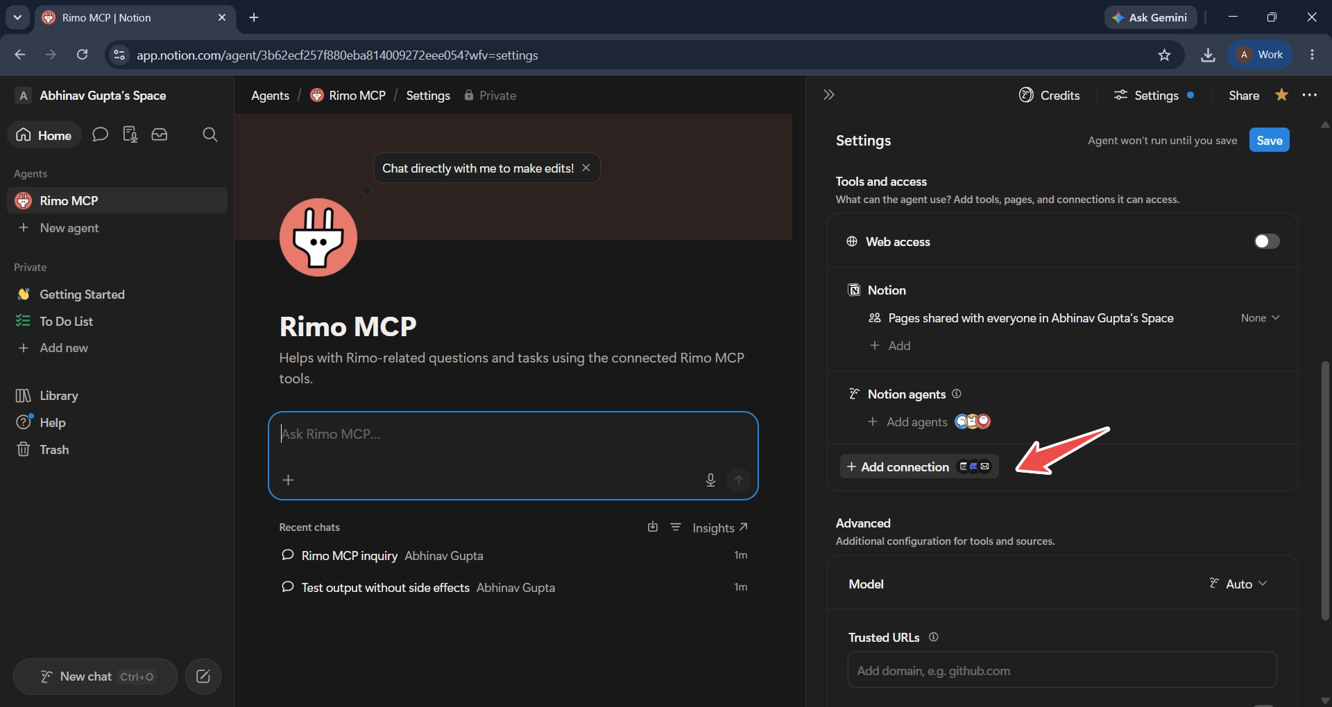 The agent's Settings panel with the Tools and access section and Add connection marked
