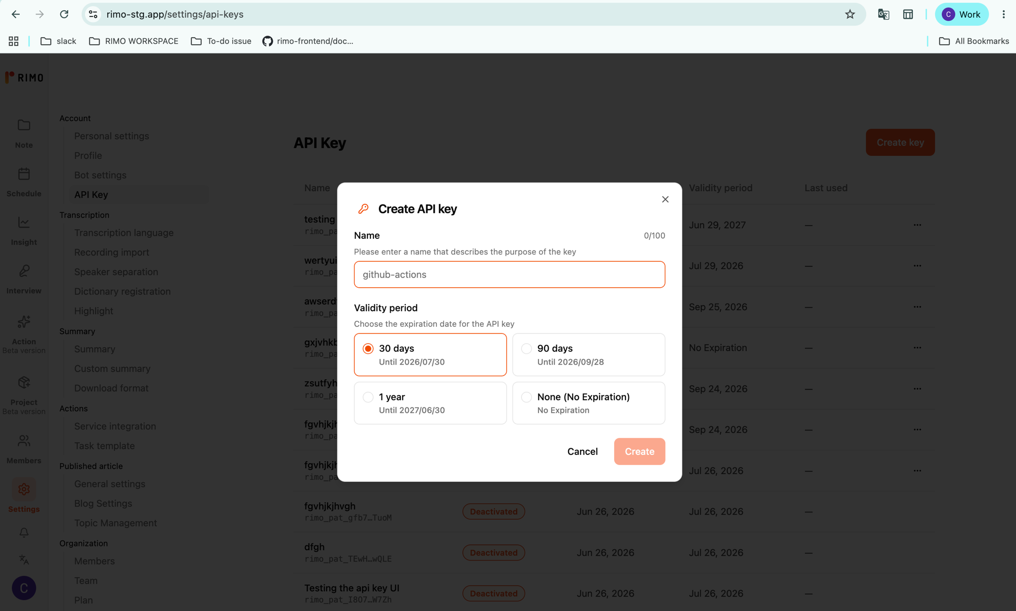 The Create API key dialog showing the Name field and the four validity-period options