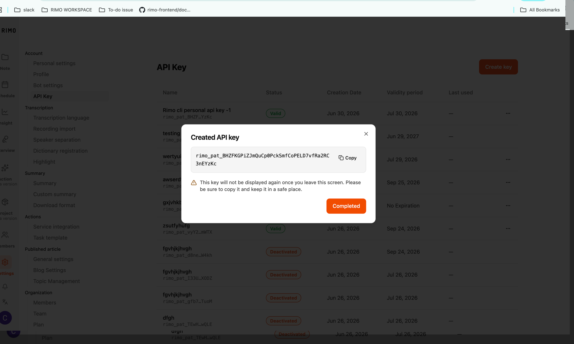 The Created API key dialog showing the key, the Copy button, and the one-time-only warning