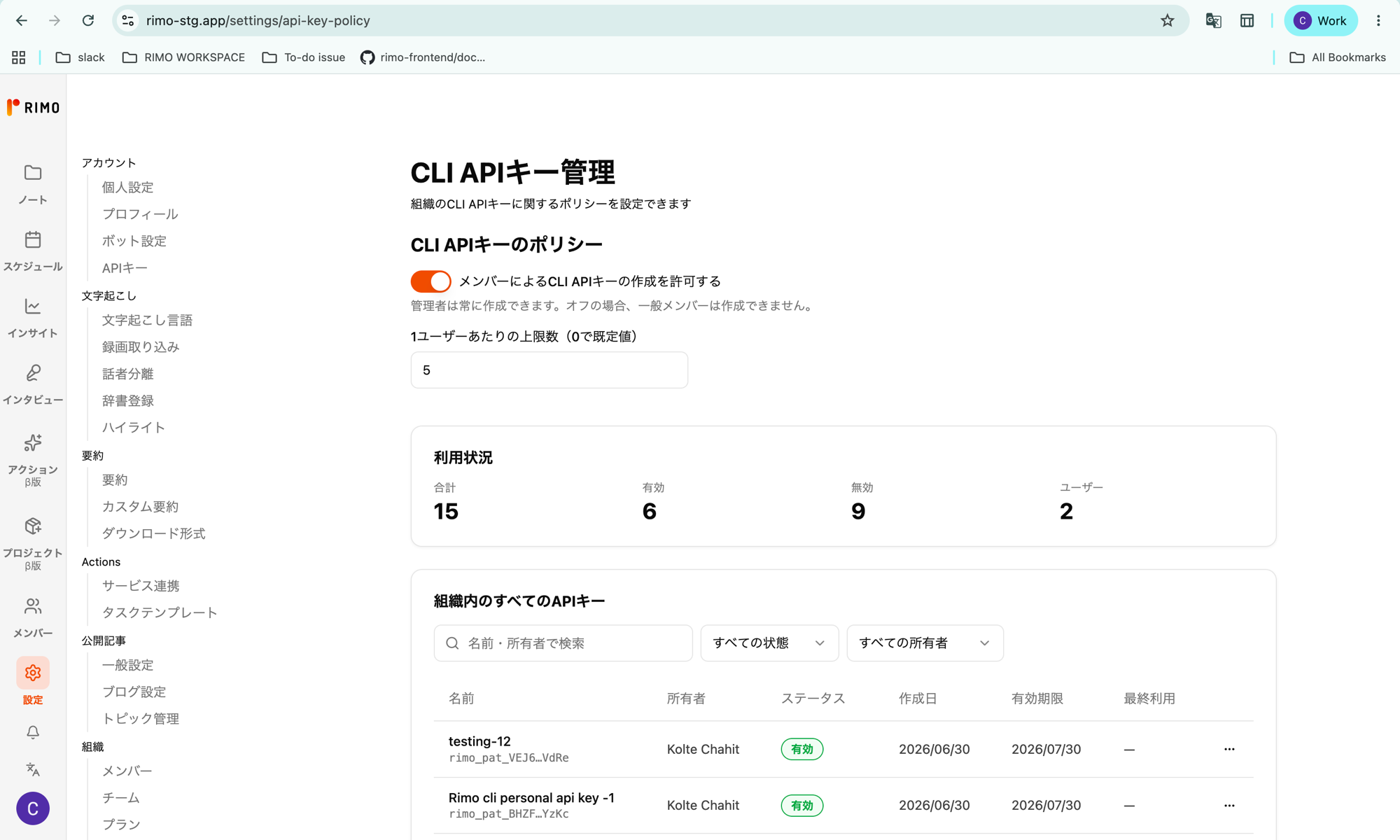 「CLI APIキー管理」ページ。許可トグル、ユーザーあたり上限、利用状況